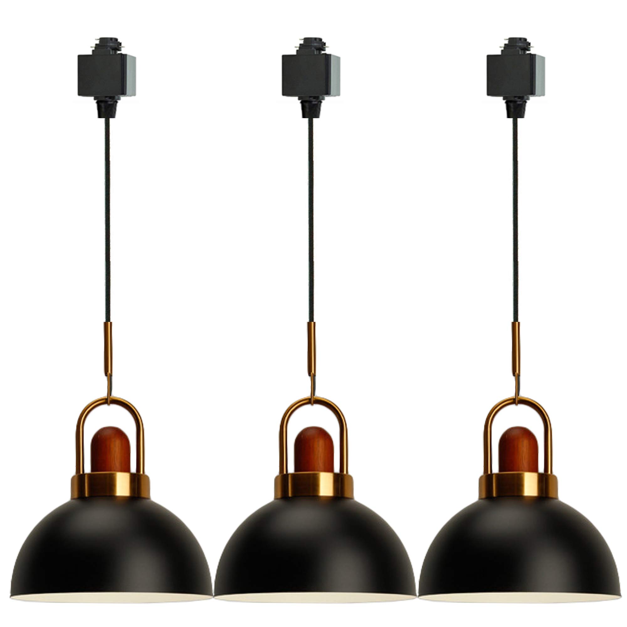 Vintage Wooden Iron Brass Handle E26 Socket Pendant Light - H-Type Track Lighting with 2ft Cord & Semicircle Macaron Black Design - Customizable 3-Light Kitchen Pendant Set for Dining Room, Island, and Bar Counter Decor