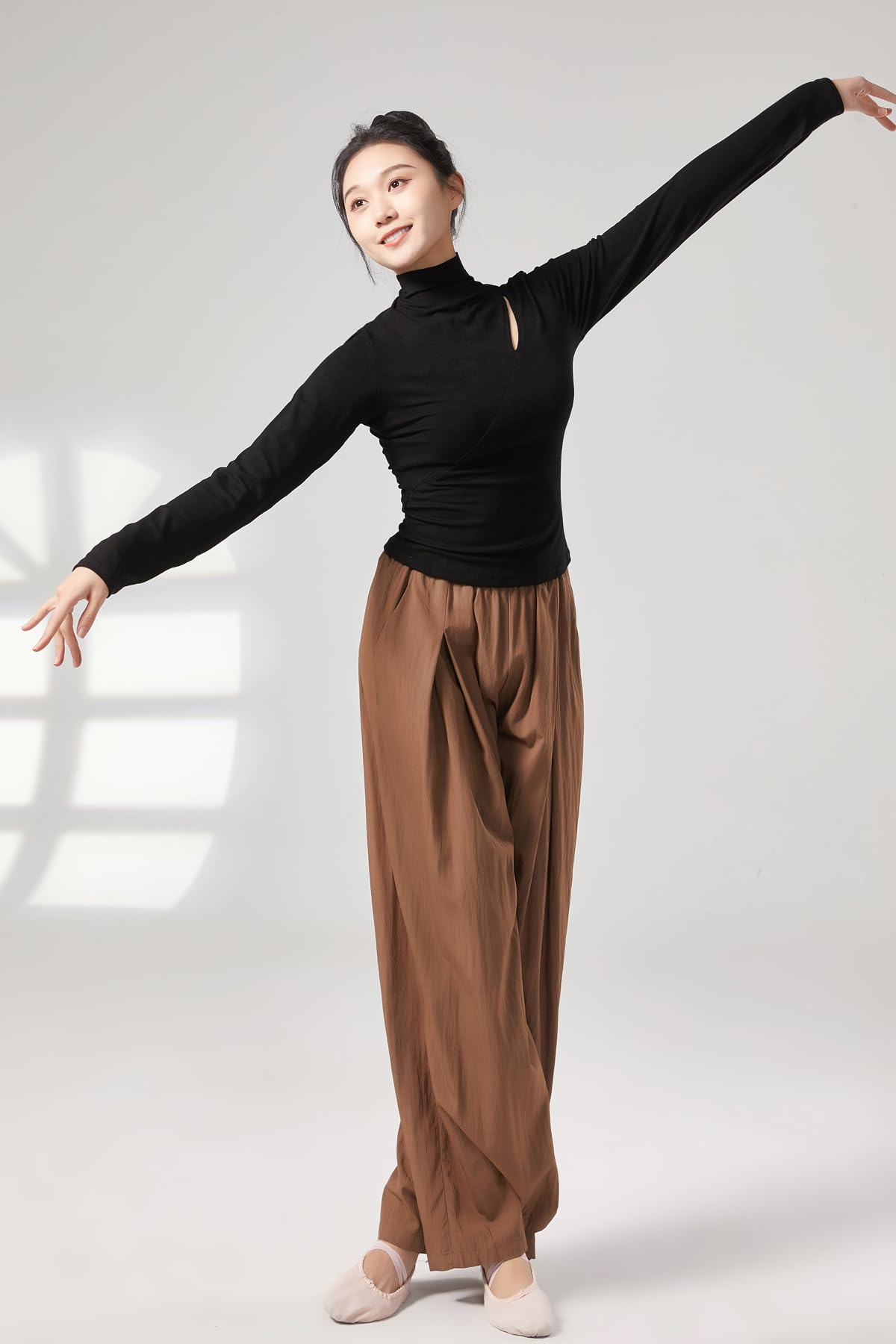 Angcoco Women's Elegant Mock Neck Long Sleeve Blouse - Stretchy Dance Top for Yoga, Ballet & Workout | Comfortable Practice Wear for Studio & Performance