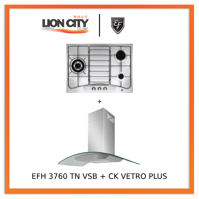 EF 90 CM Chimney Cooker Hood CK Vetro Plus & EFH3760 68cm 3-Burner Gas Hob Combo - Modern Kitchen Ventilation System for Home Cooking, Grilling, and Frying
