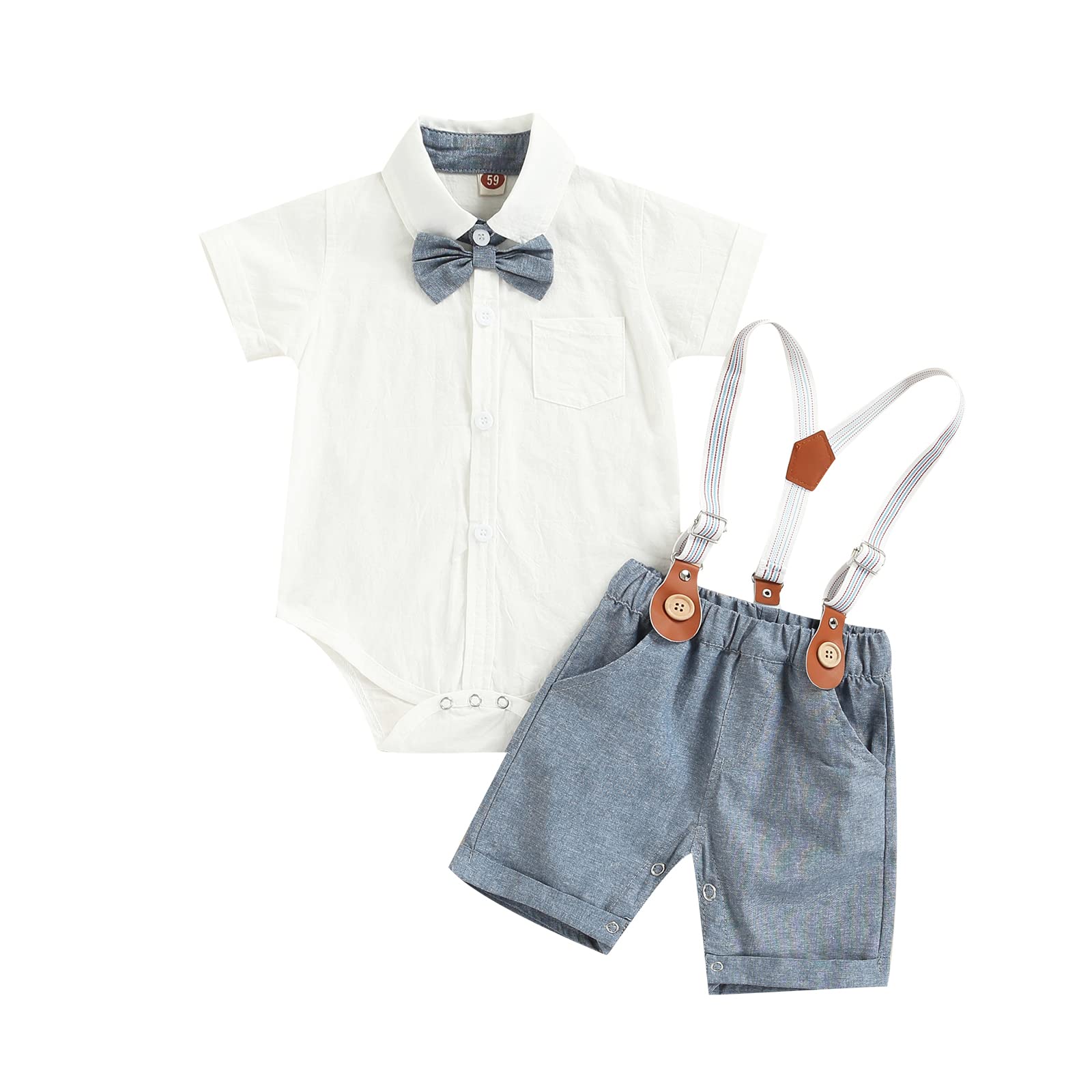 Baby Boy Gentleman Outfit - Short Sleeve Bowtie Romper & Suspenders Shorts Set | Summer Casual Wear for Photoshoots, Parties & Special Occasions