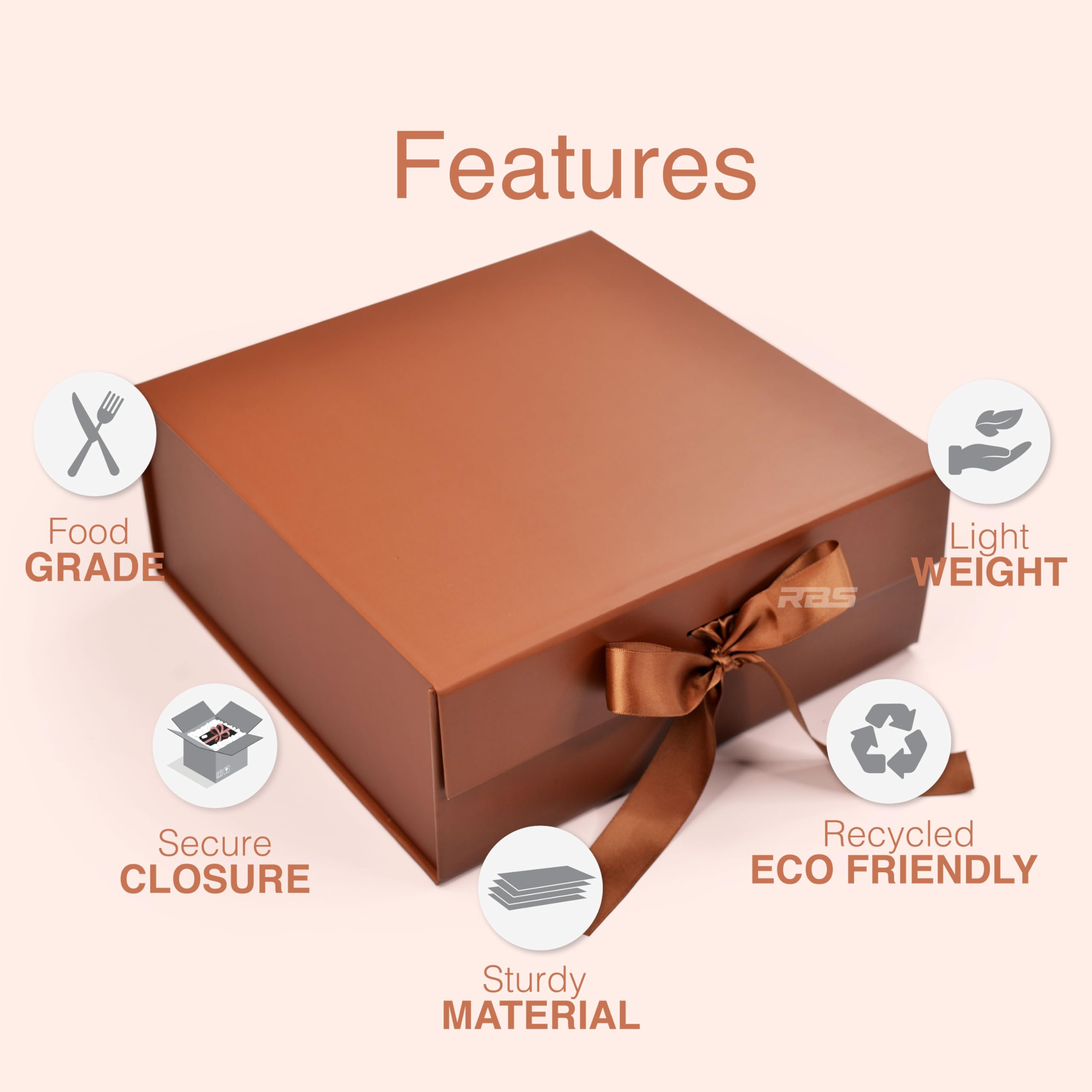 RBS® Medium Folding Gift Box - 1 Pack Glossy Brown Gift Packaging Box (26x26x10cm) with Ribbon for Birthdays, Weddings, Christmas | Reusable Multipurpose Hamper Box for Gifts, Storage & Home Decor