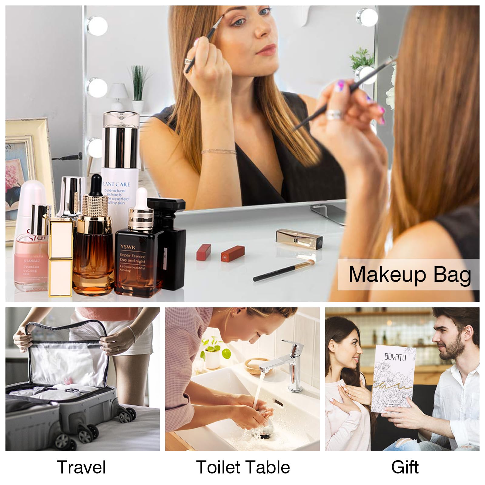 Quilted PU Leather Makeup Bag Set of 3 - Travel Cosmetic Organizer for Women with Compartments, Handle & Divider - Portable Toiletry Bags for Vacation, Gym & Daily Use (14 Inch, Black)