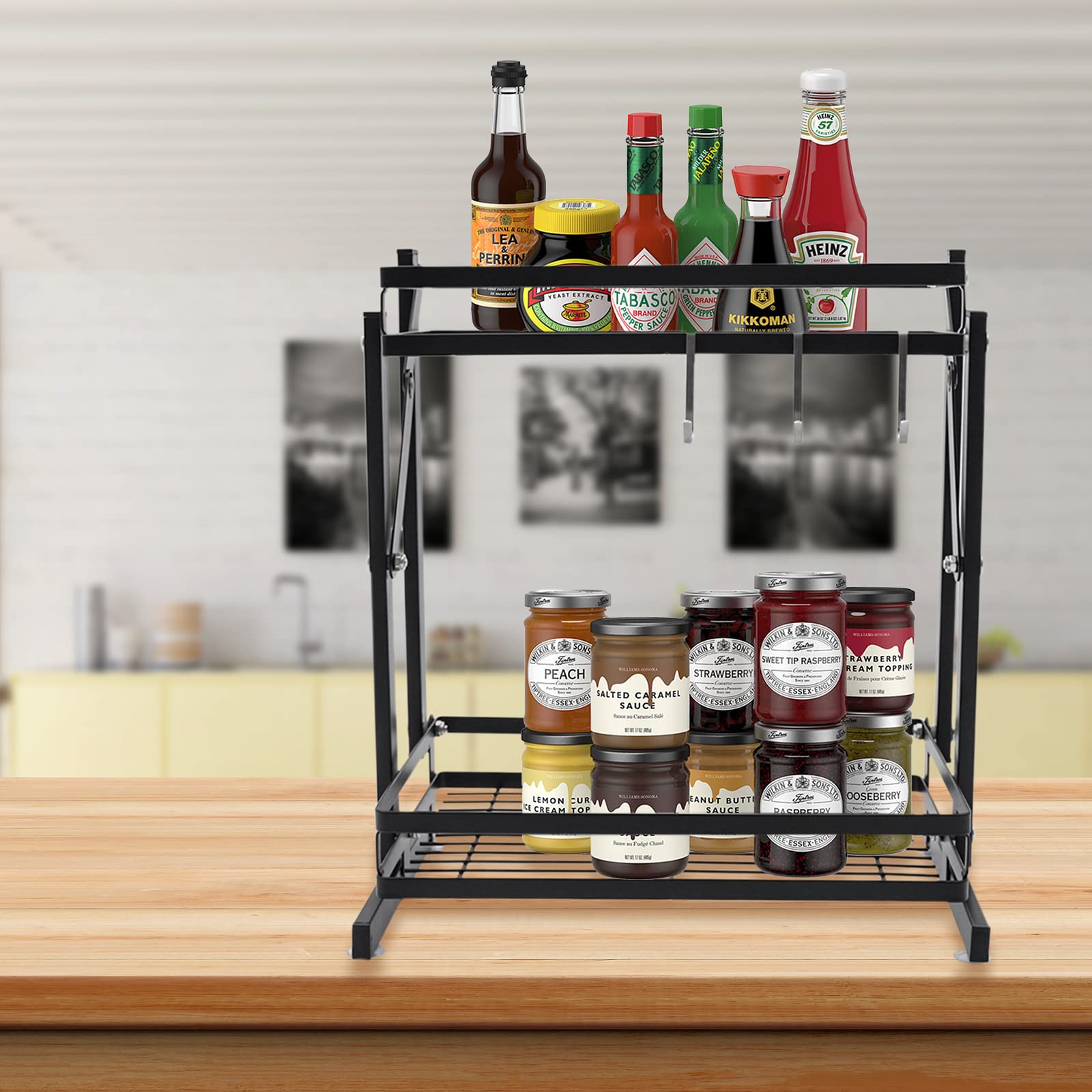 2-Tier Large Foldable Spice Rack Organizer - Kitchen & Bathroom Storage Shelf for Seasonings, Cosmetics & Toiletries | Space-Saving Freestanding Display Holder for Countertops, Pantry & Vanity