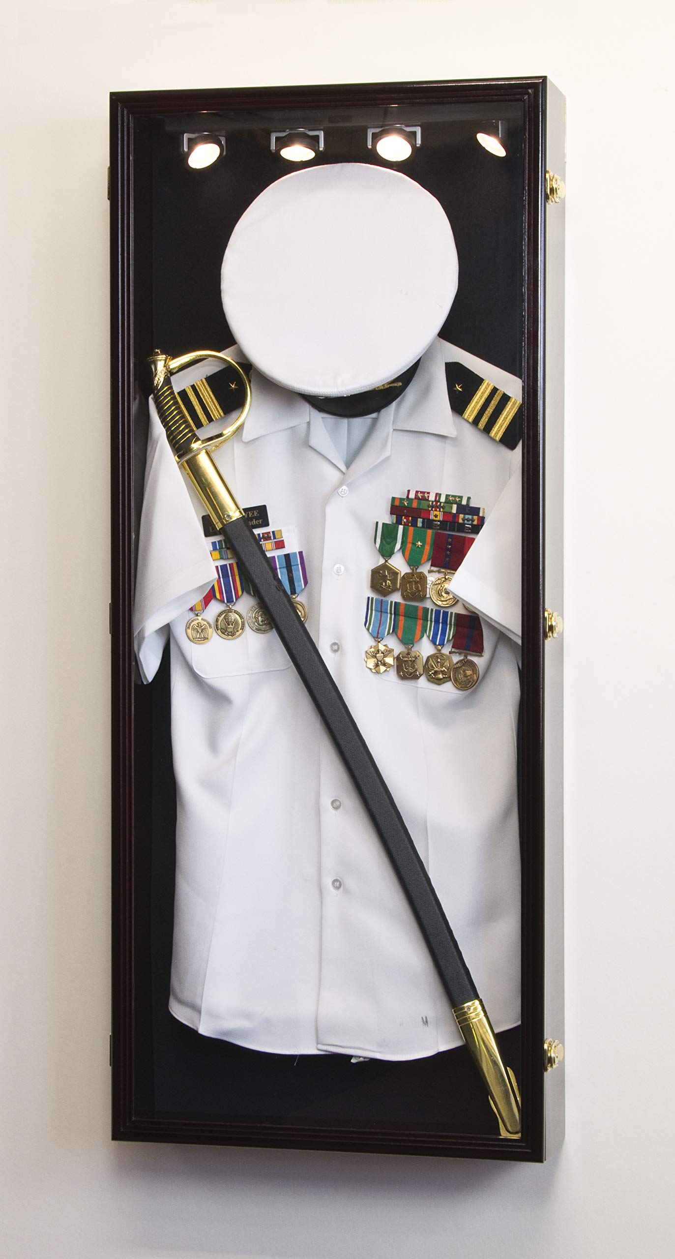 Military Shadow Box Display Case for Uniform, Cap, Hat, Sword & Medals - Lockable Wall Cabinet Frame with Cherry Finish, LED Light & Black Felt Background - Perfect for Home Decor, Veteran Gifts & Military Memorabilia Display
