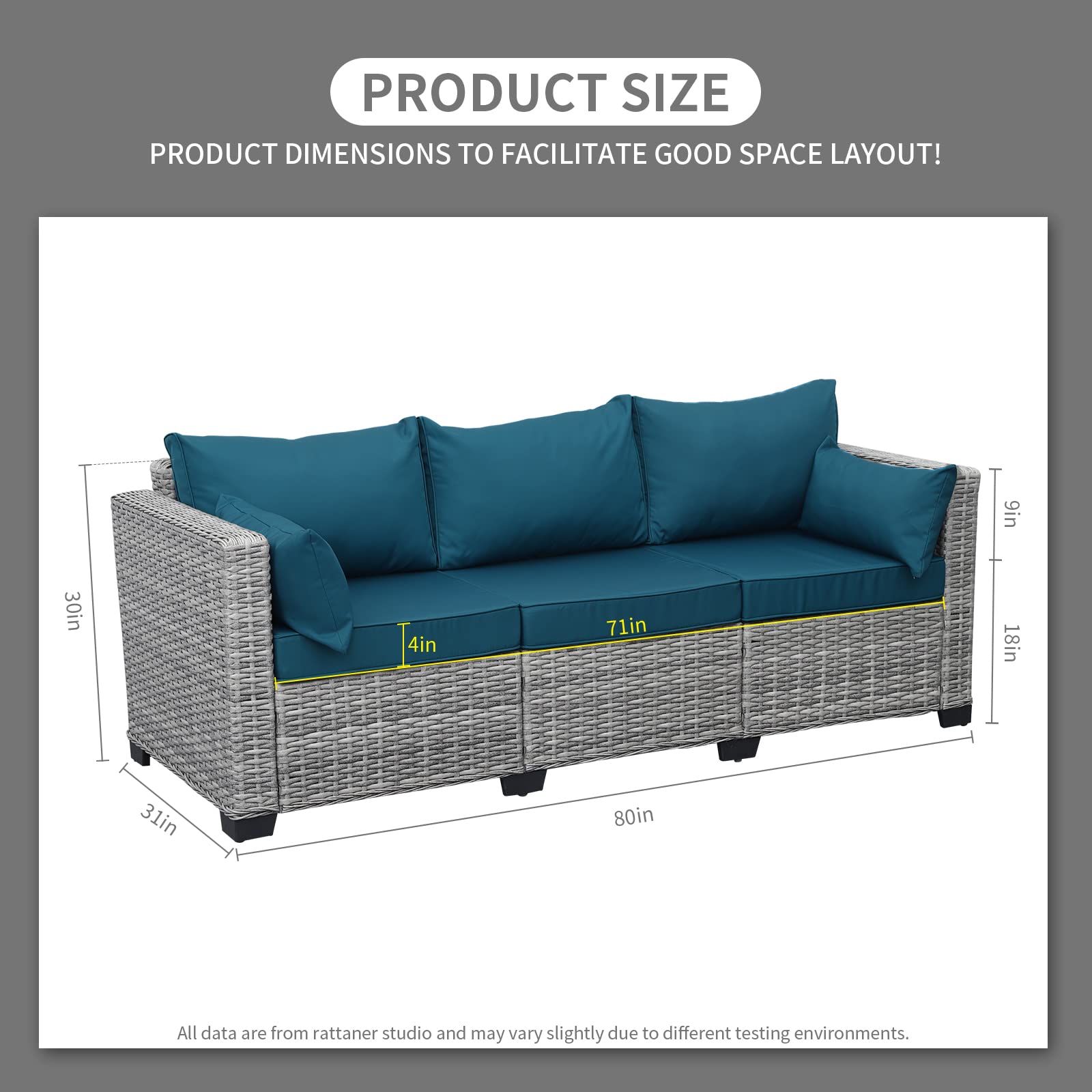 Rattaner 3-Piece Grey Wicker Patio Furniture Set - Waterproof Outdoor Couch with Deep Seat & High Backrest, Anti-Slip Cushions (Peacock Blue) - Perfect for Poolside, Garden, Deck, and Backyard Relaxation