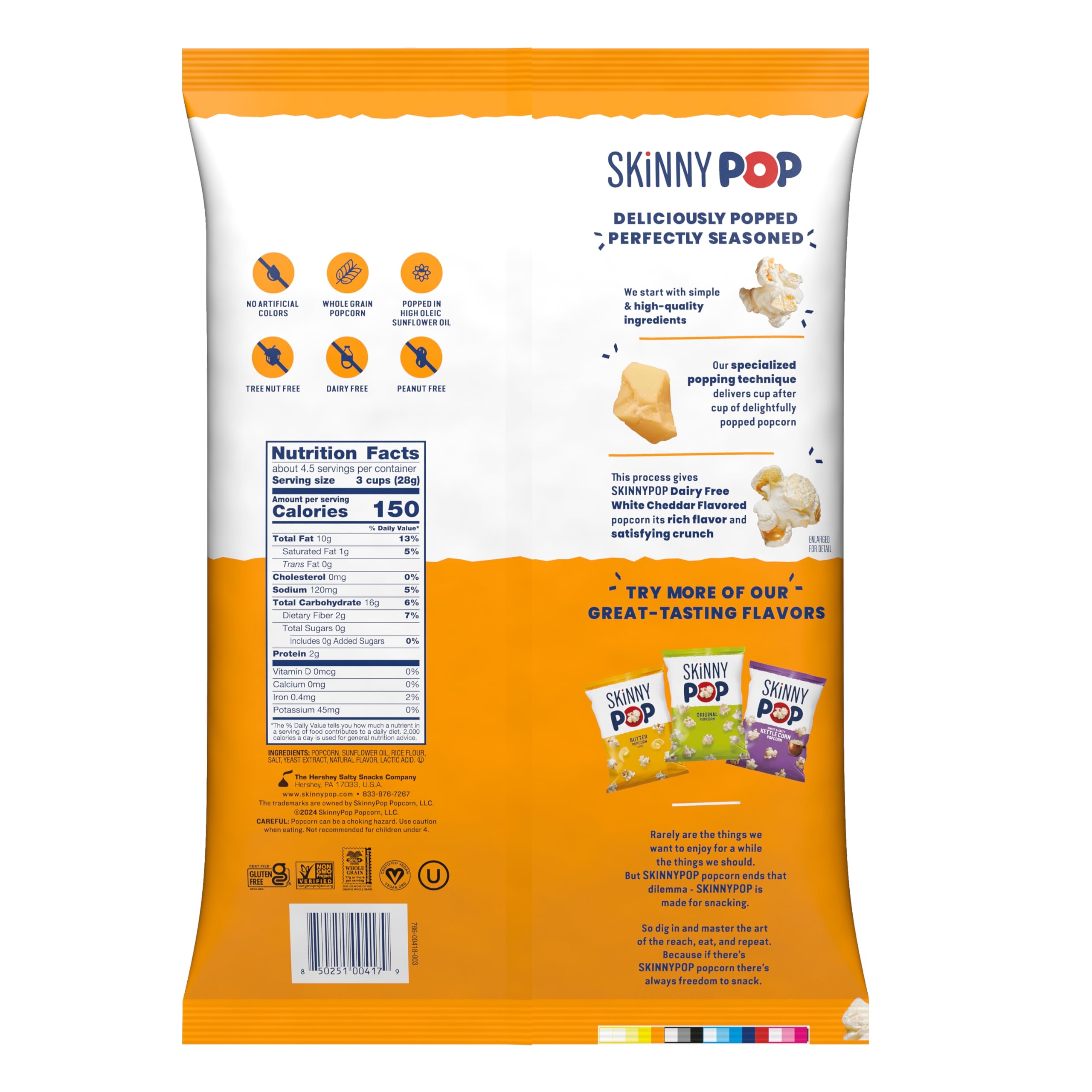 SkinnyPop White Cheddar Popcorn - Gluten Free, Non-GMO Healthy Snack, 4.4oz Grocery Size Bag - Perfect for Movie Nights, Office Snacks & On-the-Go Munching