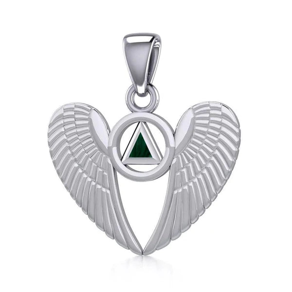 Angel Wings Sterling Silver Pendant with Inlaid Recovery Symbol - Elegant Jewelry for Healing & Inspiration - Perfect for Gifts, Recovery Milestones & Spiritual Wear