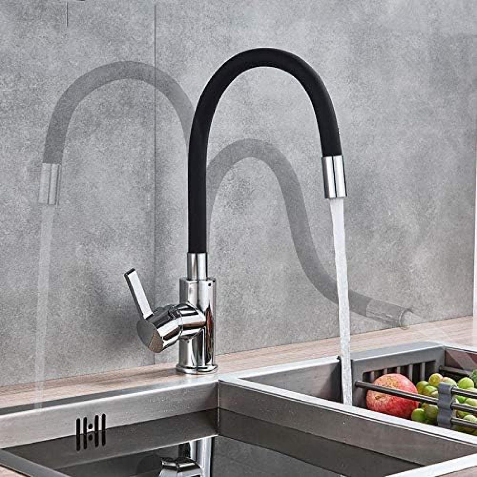 CRJUS Black Chrome Kitchen Sink Faucet with Flexible Rubber Neck, Hot & Cold Water Mixer Tap, Deck Mounted Rotating Design for Modern Kitchens