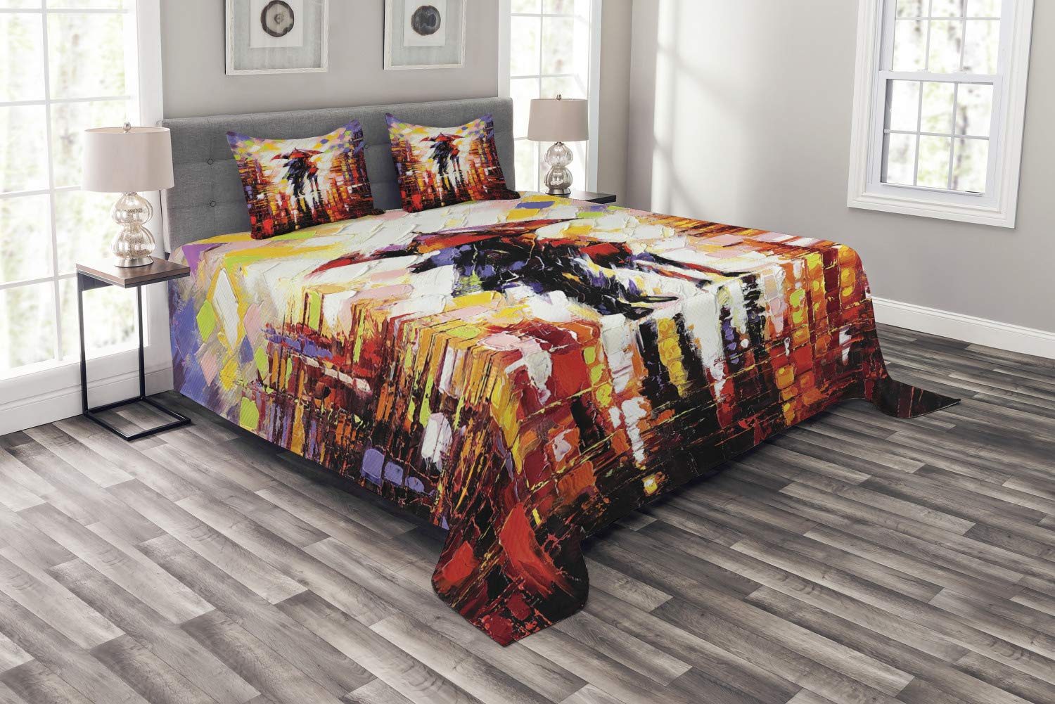 Ambesonne Fine Art Bedspread Set - Surrealistic Couple Under Umbrella Painting Print, King Size 3-Piece Quilted Coverlet with 2 Pillow Shams, Multicolor | Bohemian Bedroom Decor, Unique Gift for Couples, Artistic Home Accent