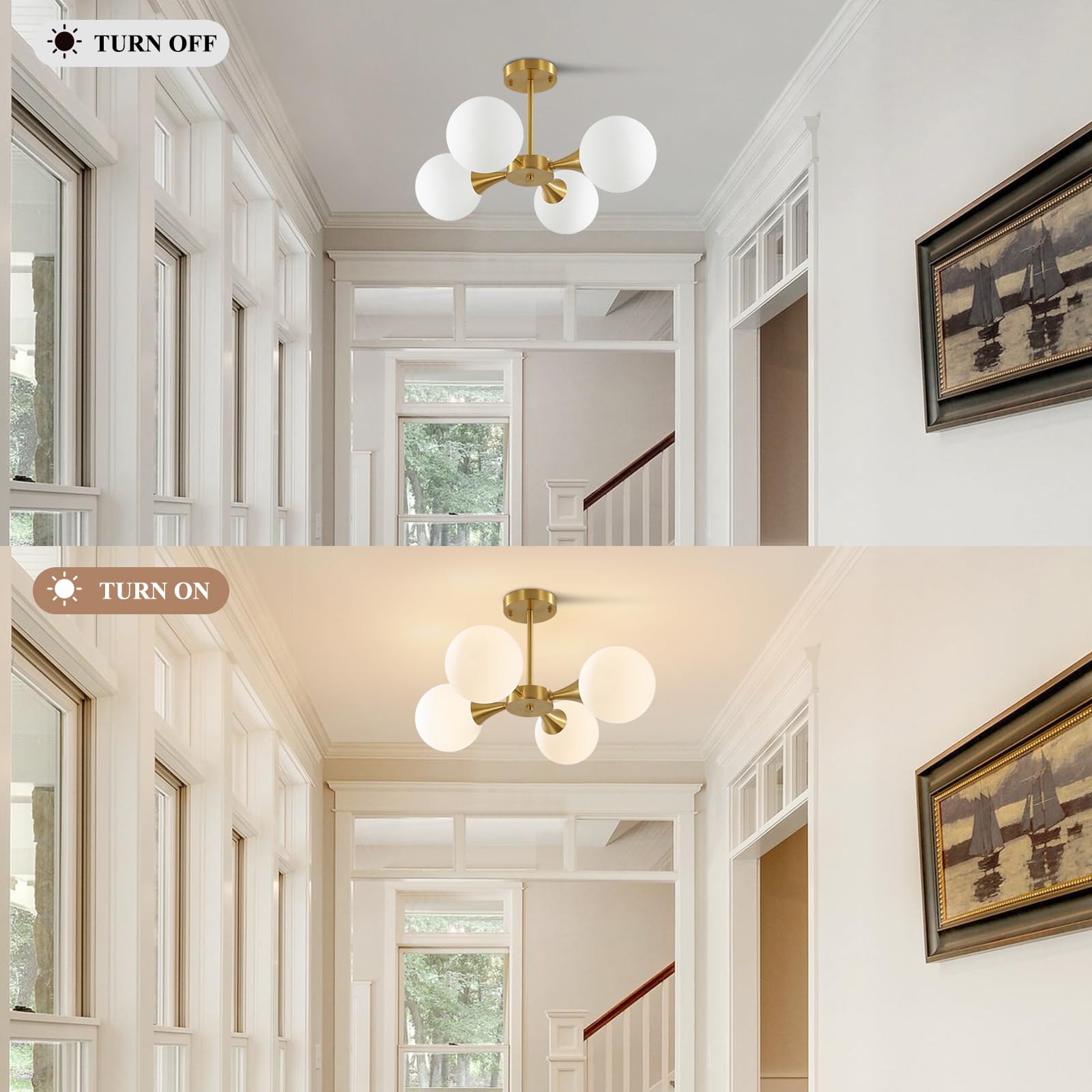 Modern Gold Semi Flush Mount Sputnik Chandelier - 4-Light Mid Century Ceiling Lamp with Frosted Glass Globes - Perfect for Living Room, Dining Room & Bedroom Lighting
