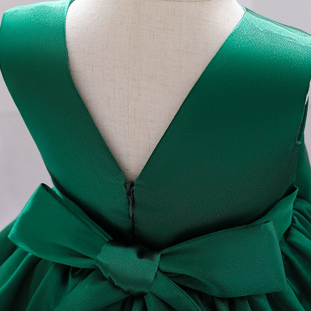 Green Princess Round Tea Length Satin Flower Girl Dress for Weddings & Special Occasions
