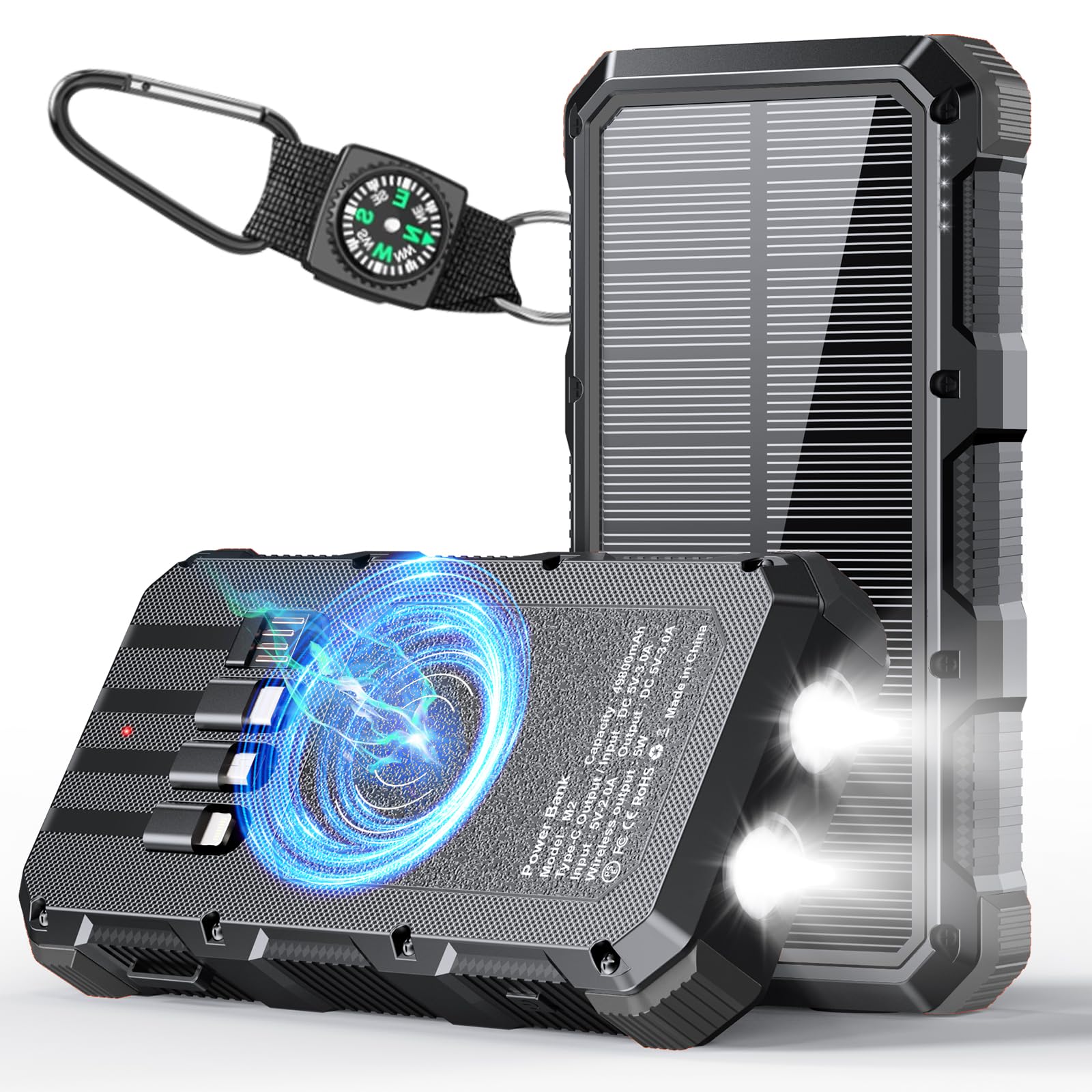 **49800mAh Solar Power Bank with Wireless Charging & QC 3.0 Fast Charge | 8 Outputs & 4 Inputs | Portable Solar Charger for iPhone, Samsung, Android | SOS Strobe Flashlight for Camping, Hiking, Emergencies (Black)**