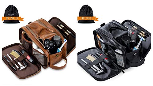 Elviros Men's Travel Toiletry Bag - Large Water-Resistant PU Leather Shaving Dopp Kit & Bathroom Organizer (Black + Brown) - Perfect for Business Trips, Gym, Camping & Vacation Essentials