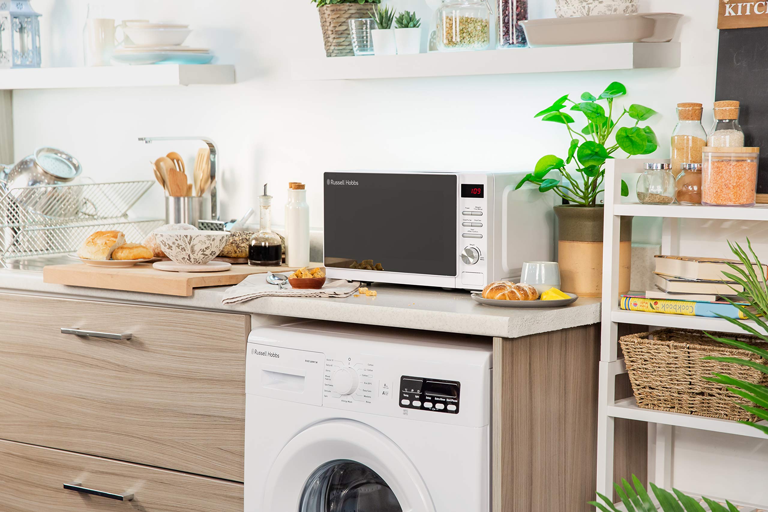 Russell Hobbs RHM2079A 20L 800W White Digital Microwave - 5 Power Levels, Auto Defrost, 8 Auto Cook Menus, Clock & Timer, Easy Clean - Perfect for Dorms, Offices & Small Kitchens