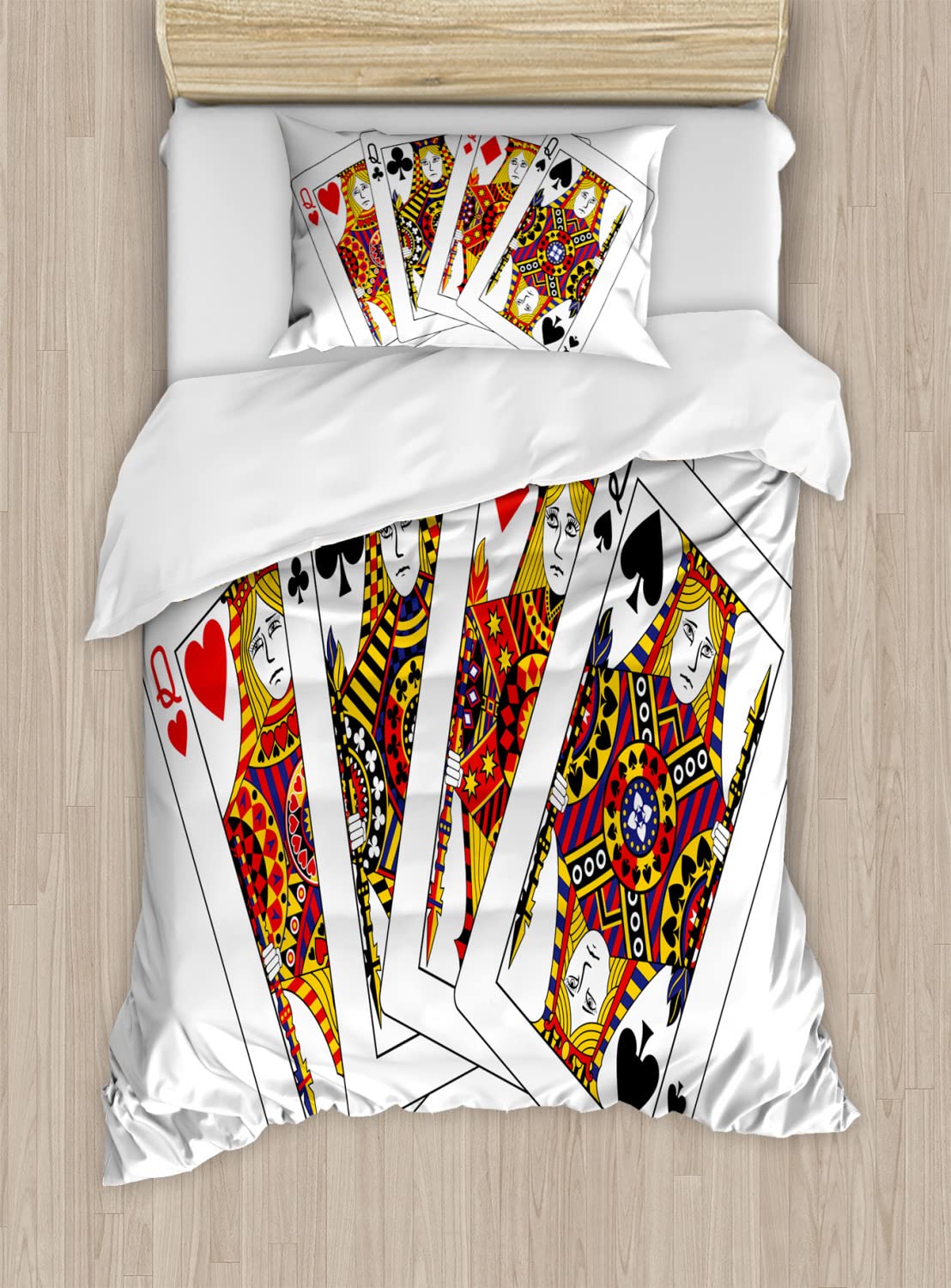 Ambesonne Queen Duvet Cover Set - Poker Theme Playing Cards Design with Hearts & Spades - 2 Pack Twin Size Bedding Set Includes 2 Duvet Covers & 2 Pillowcases - Black Red Yellow - Perfect for Casino Lovers & Game Room Decor