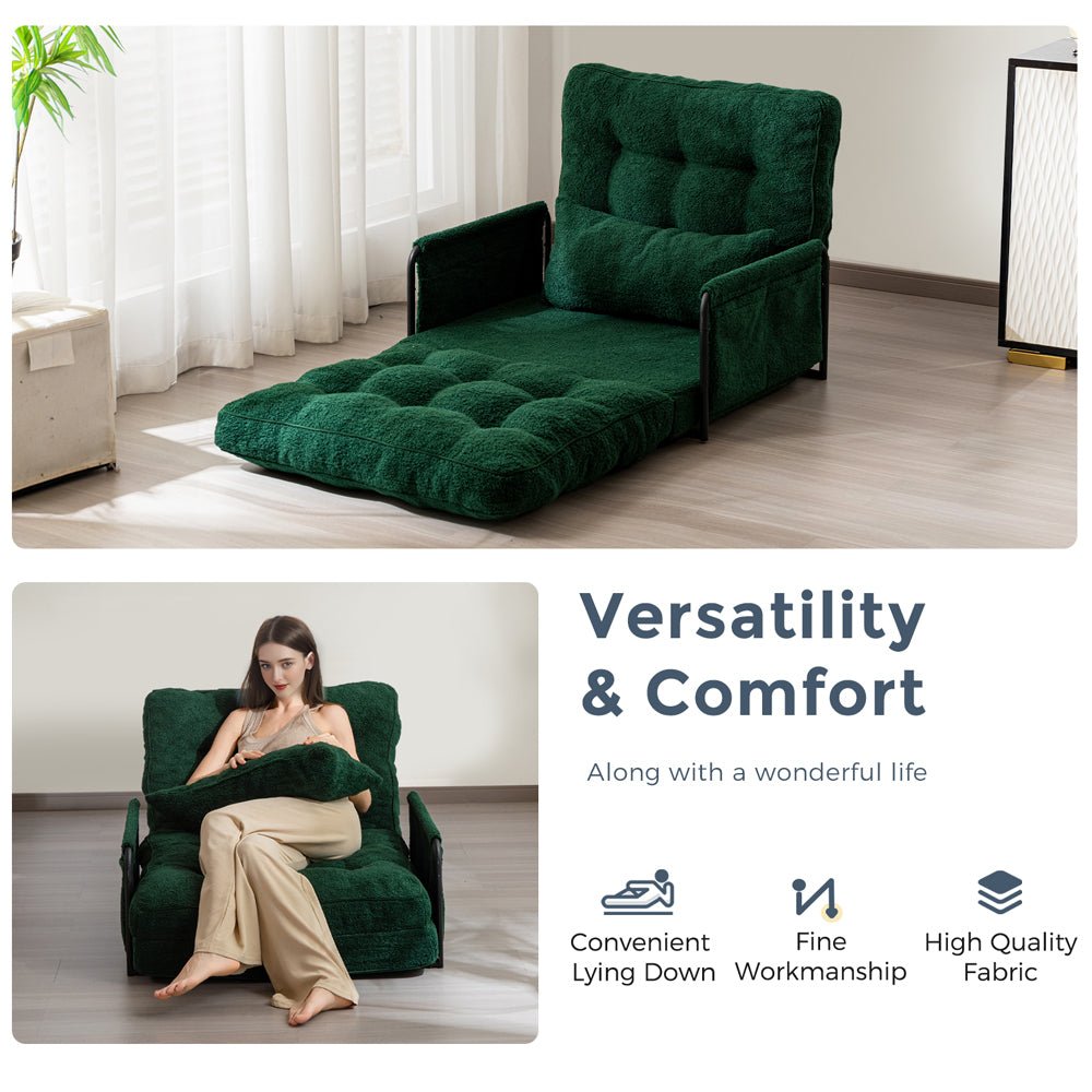 MAXYOYO Adjustable Floor Sofa Couch with Pillow - Boucle Convertible Lazy Sofa Sleeper Bed with Armrest, Single Seat Green - Perfect for Small Spaces, Living Room Lounging & Guest Bed