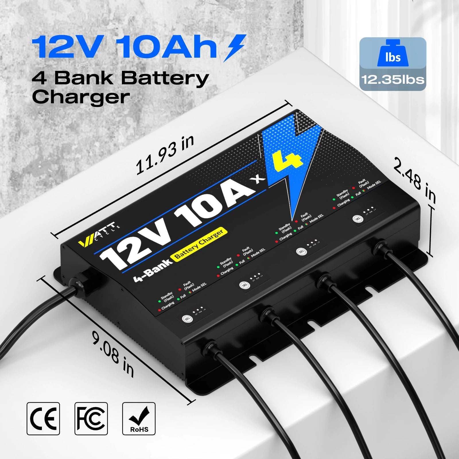 12V 10A 4 Bank Smart Battery Charger - Fast Charging for Marine, RV, ATV, and Car Batteries - Perfect for Boating, Camping, and Off-Road Adventures