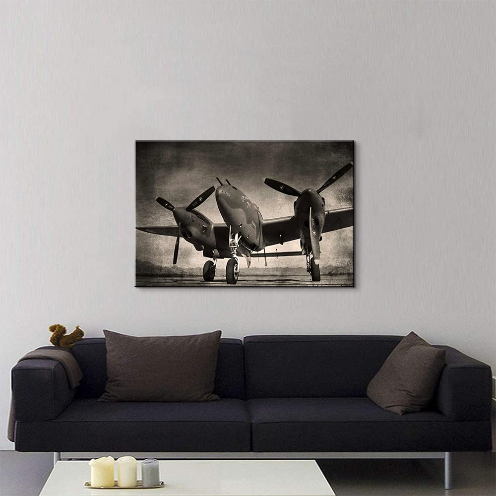 Black and White Twin Engine Airplane Canvas Wall Art - Aviation Decor, Airplane Propeller Wall Decor, Airplane Posters & Gifts for Home - Ready to Hang (28''H x 40''W) - Perfect for Living Room, Bedroom, Office & Aviation Enthusiast Spaces