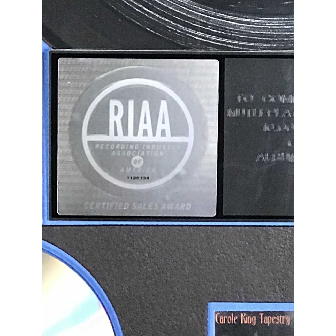 Carole King Tapestry Album - RIAA Certified 10x Platinum Record Award - Perfect for Music Collectors & Grammy Display