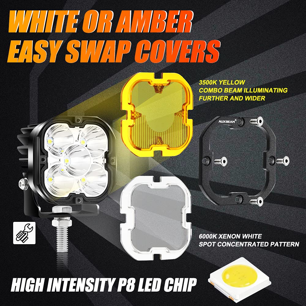 Auxbeam 3 Inch LED Pods - 80W 9600LM Amber Fog Light Pods for Offroad, Jeep, Truck, ATV, UTV | Spot Flood Combo Ditch Lights | Perfect for Night Driving, Work Lighting, and Outdoor Adventures