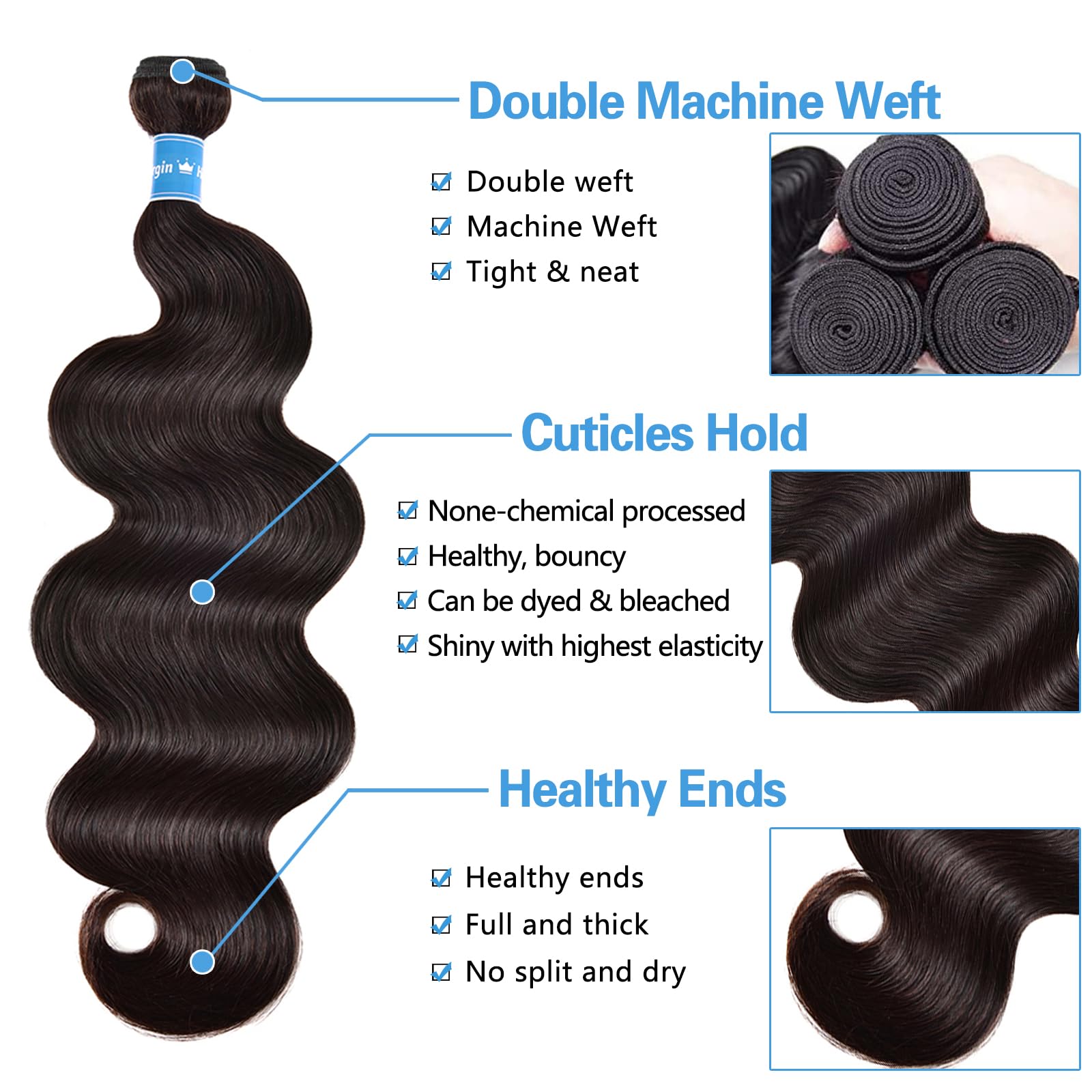 Premium 100% Unprocessed Brazilian Body Wave Human Hair Bundles - 3 Bundles Set (22/24/26 Inch) - 10A Grade Virgin Hair for Black Women - Natural Color Hair Extensions for Styling, Volume & Everyday Glam
