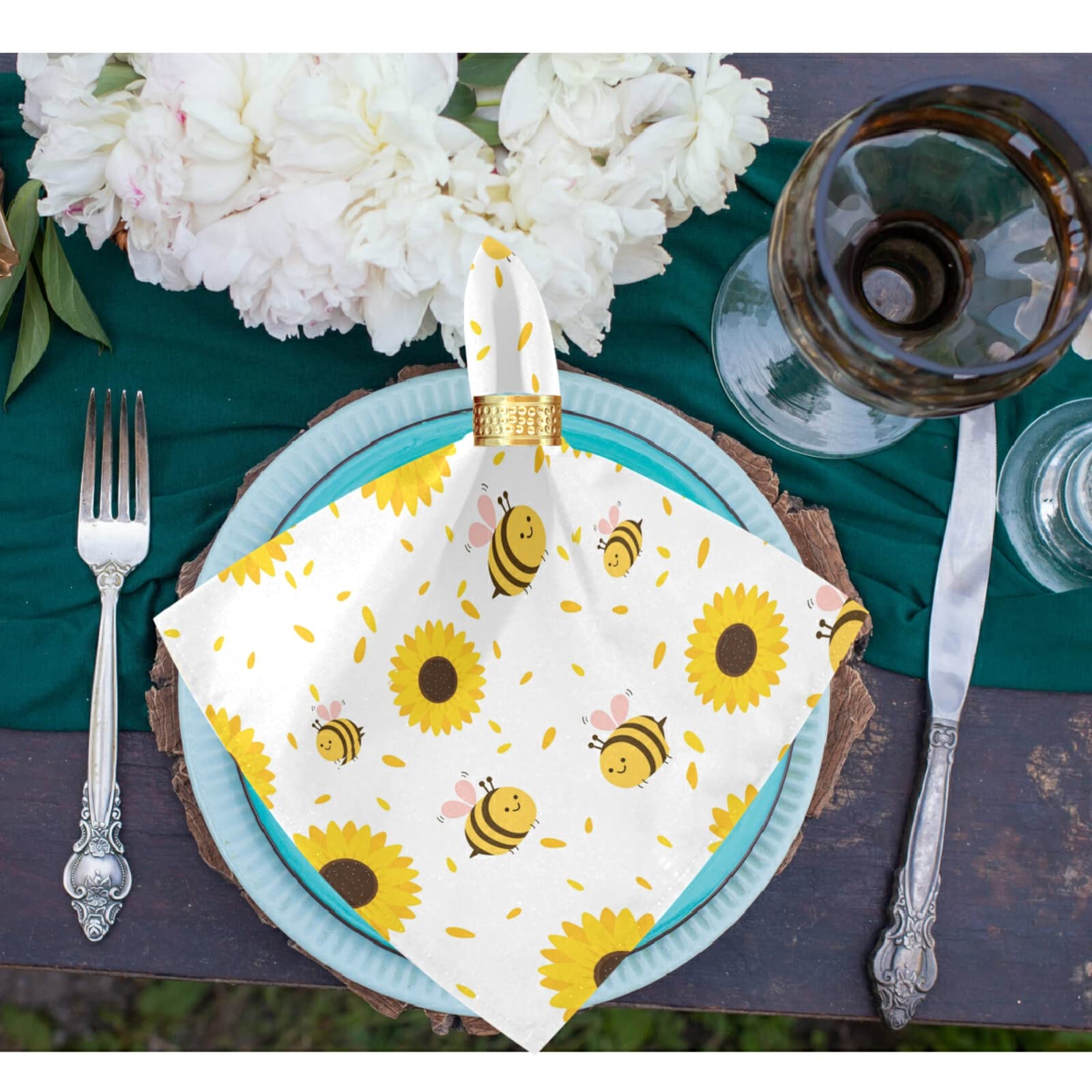 Sunflower Bee Pattern Cloth Napkins - Set of 4 Soft 20x20 Inch Polyester Dinner Napkins for Family Dining, Restaurants, Weddings & Parties - Perfect for Spring Decor & Outdoor Picnics