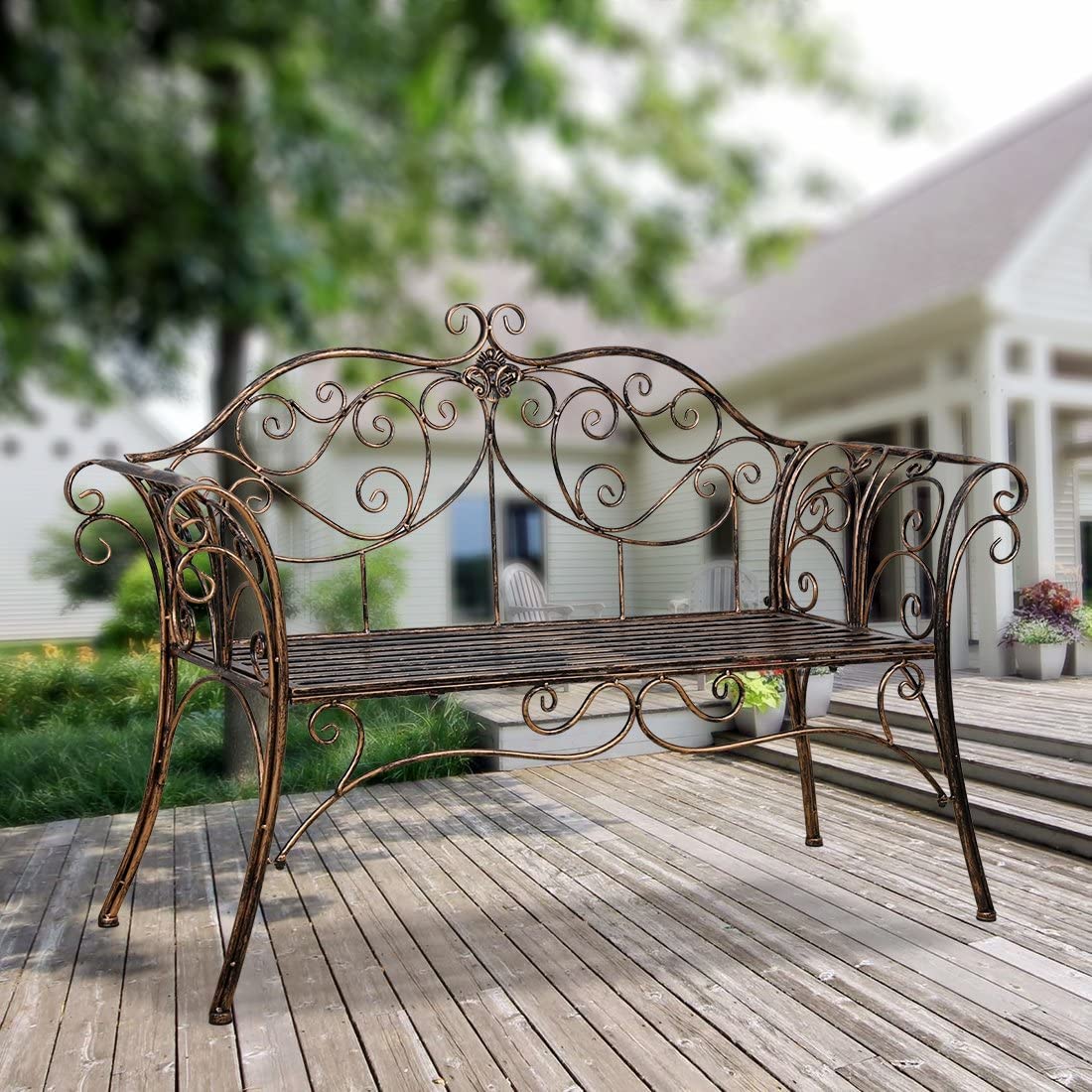 Antique Bronze Metal Garden Bench - 2 Seater Outdoor Bench for Garden, Yard, Patio, Porch & Sunroom - Perfect for Relaxing, Entertaining & Enhancing Outdoor Decor