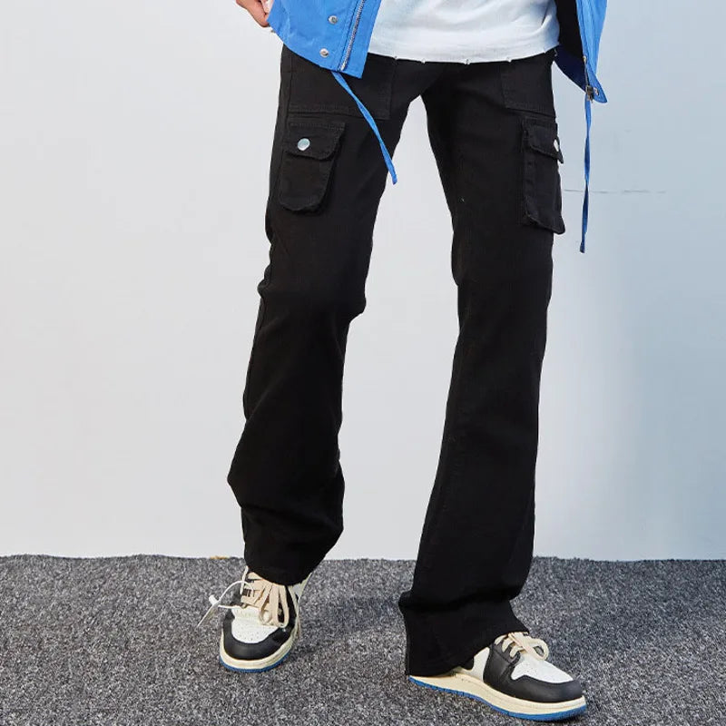 2024 Winter American Style Men's Denim Pants - Slim Fit Flared Leg Jeans with Zipper Patchwork & Multiple Pockets | Casual Wear, Street Fashion, Everyday Outfits