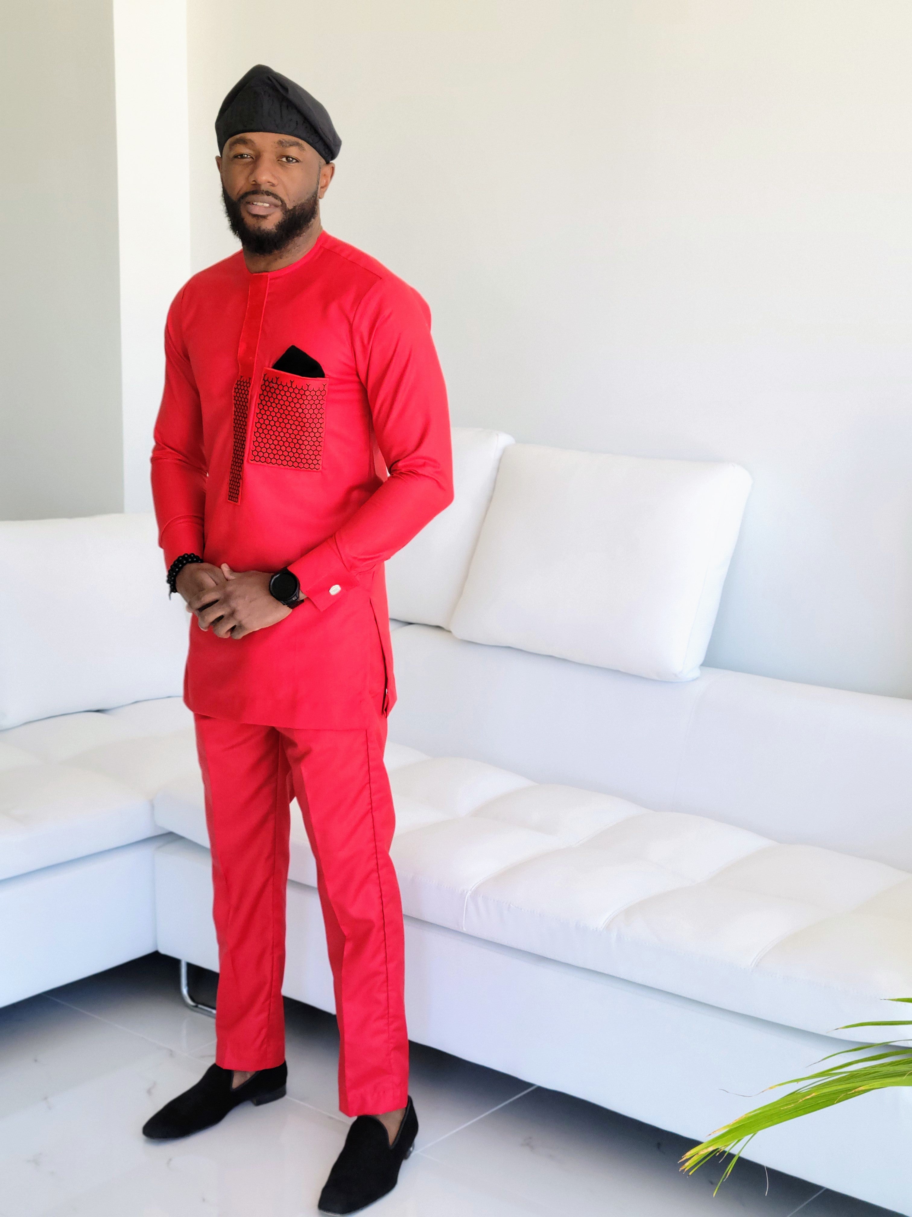 Elegant Red Embroidered Dashiki Senator Shirt with Matching Drawstring Pants - African Traditional Wear for Men - Perfect for Weddings, Cultural Events & Special Occasions