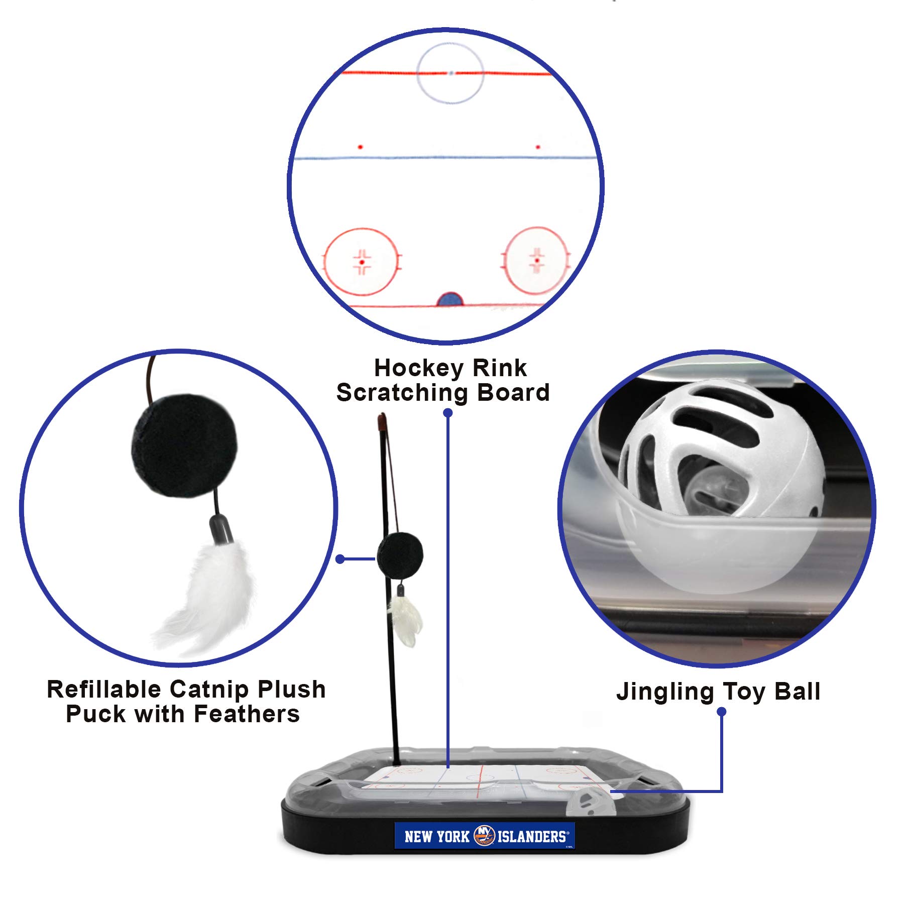 New York Islanders NHL Hockey-Themed Cat Scratching Toy with Interactive Ball Bell - 5-in-1 Multi-Functional Cat Scratcher & Play Toy for Indoor Cats - Perfect for Playtime, Exercise, and Nail Care
