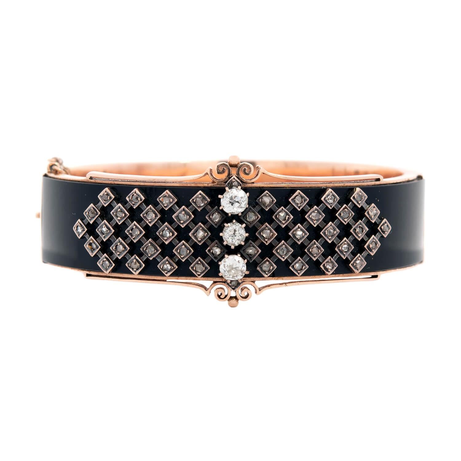 Victorian Style 15k Gold Diamond & Onyx Bangle Bracelet - Elegant Antique Jewelry for Women, Perfect for Weddings, Parties & Special Occasions