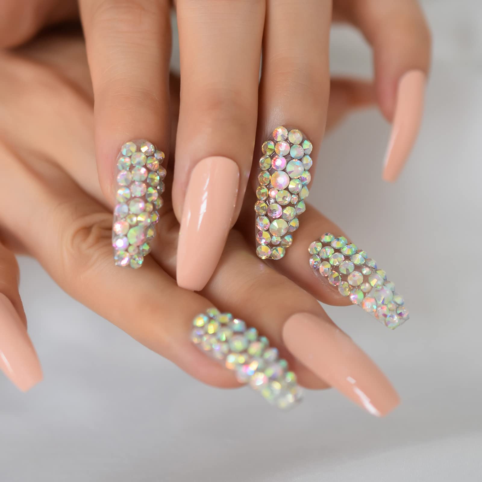 24Pcs Long Coffin Fake Nails - Peach Pink Press On Nails with Rhinestones & Colorful Stones, Full Cover Artificial Nails for Salon Manicure | Perfect for Parties, Weddings, and Special Occasions