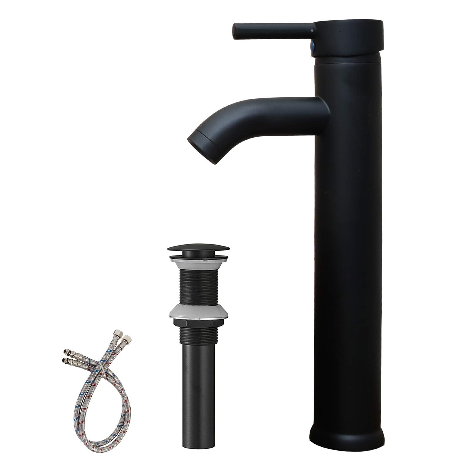 Black Single Handle One Hole Commercial Bathroom Vessel Sink Faucet with Pop-Up Drain & Supply Lines - Perfect for Modern Vanities, Restaurants, and Hotel Lavatories