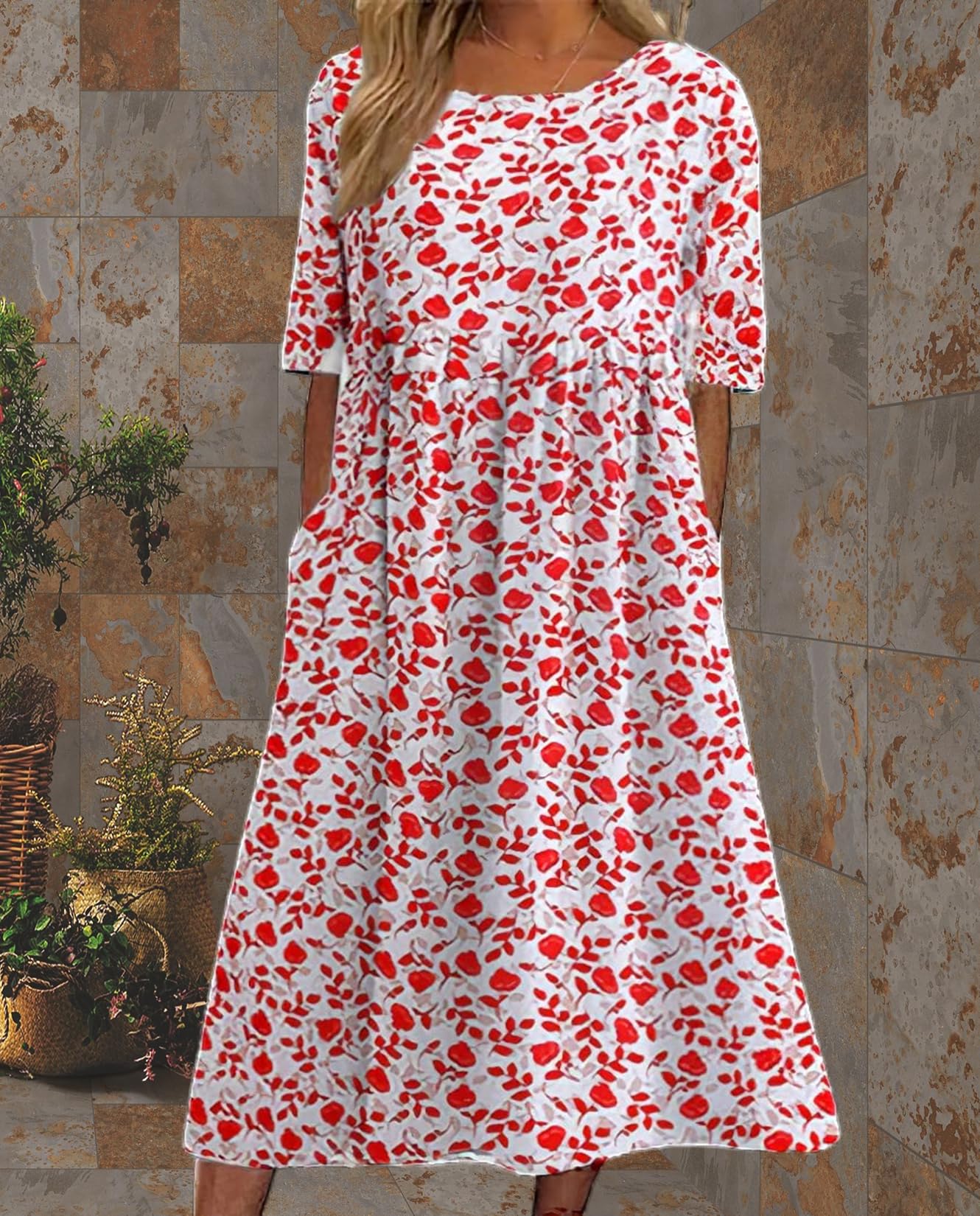**Boho Floral T-Shirt Dress for Women - Casual A-Line Midi Summer Dress with Pockets | Perfect for Beach, Vacation & Everyday Wear**