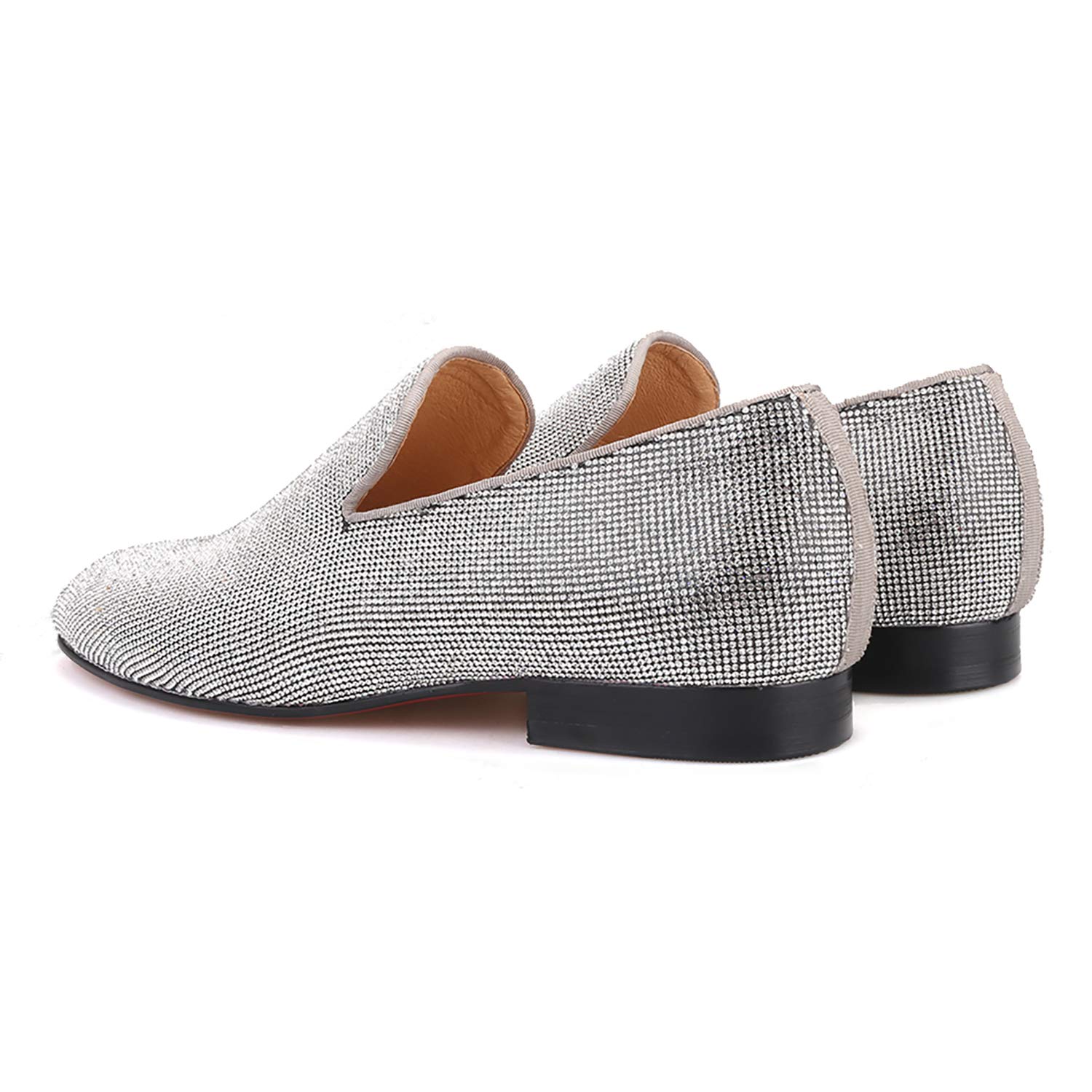 HI&HANN Silver Diamond Men's Dress Loafers - Formal Wedding Shoes & Party Shoes for Men - Comfortable Smoking Slippers & Business Flats - Perfect for Weddings, Proms, and Black Tie Events