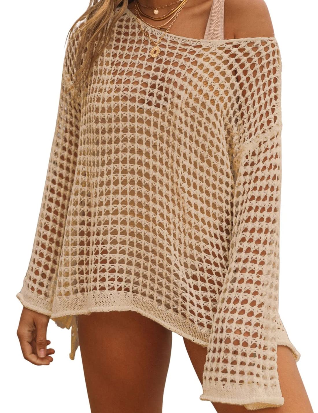 AILUNSNIKA Women's Crochet Beach Cover Up - Long Sleeve Hollow Out Knitted Swimsuit Cover - Perfect for Poolside, Summer Vacation & Boho Fashion