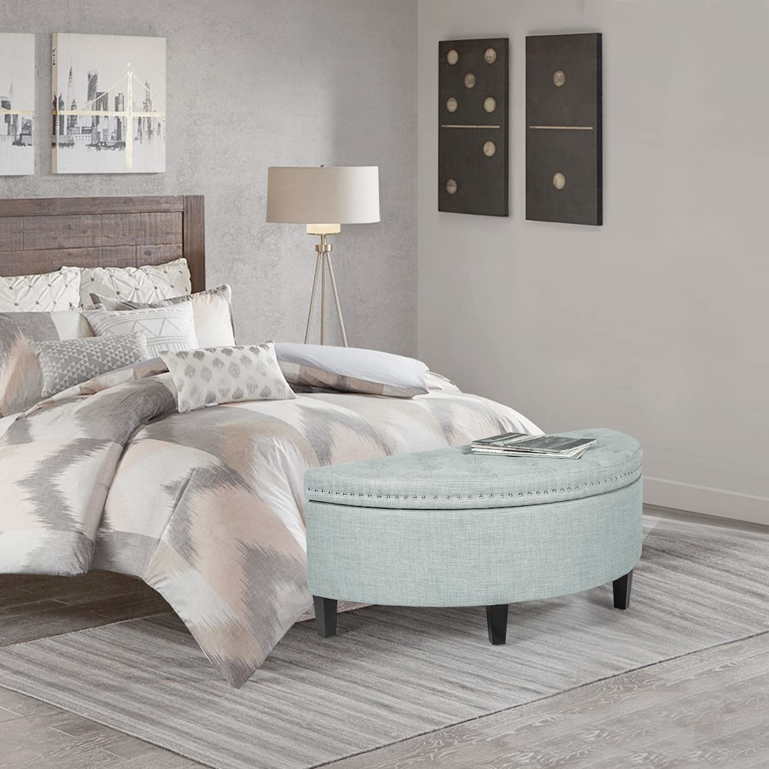 Adeco Half Moon Storage Ottoman - Upholstered Button Tufted Entryway Bench with Nailhead Trim, Footrest Stool & Coffee Table for Bedroom & Living Room - Pastel Blue | Perfect for Small Space Organization, Extra Seating & Stylish Home Decor