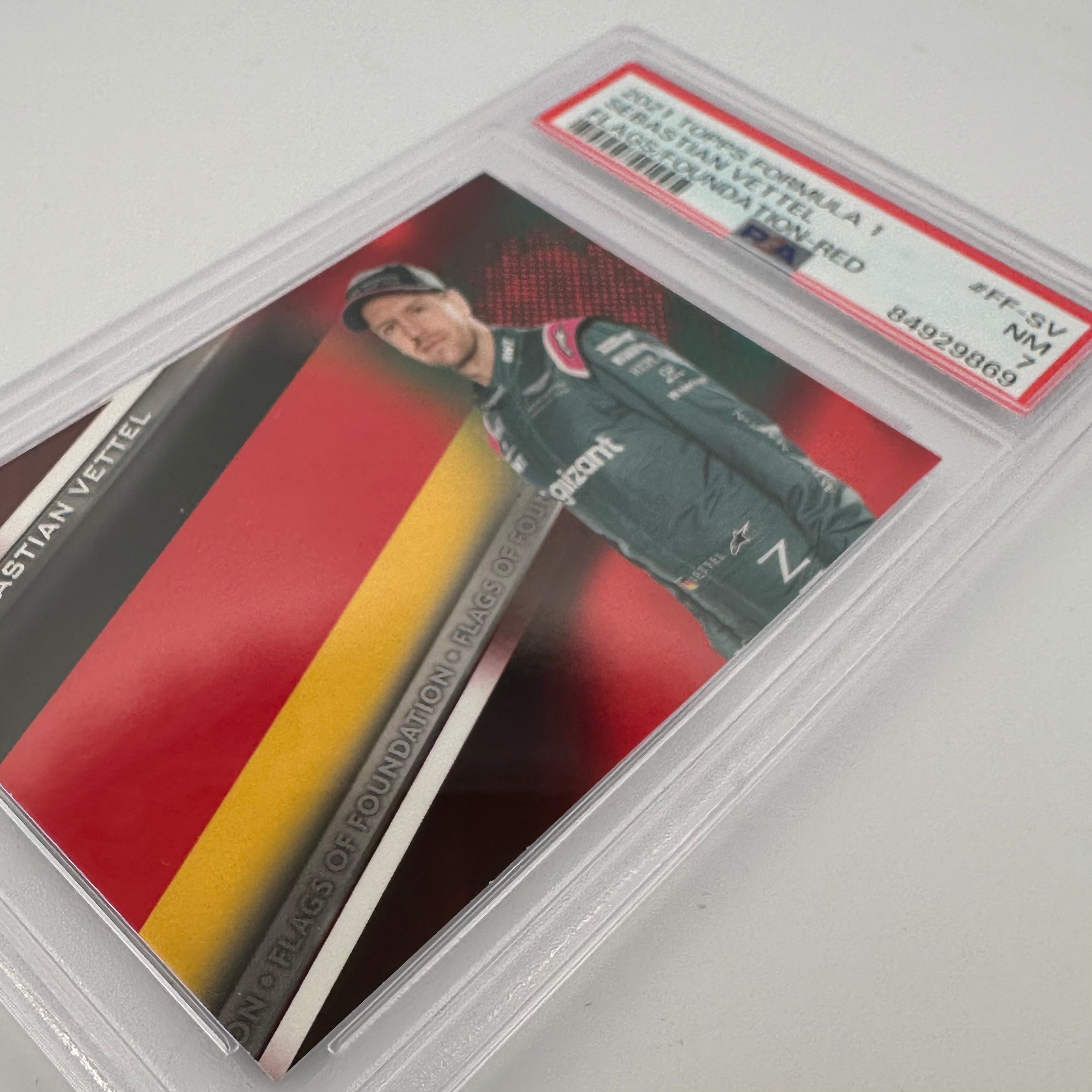 PSA 7 Sebastian Vettel #FF SV Flags Of Foundation Red - Rare F1 Racing Collectible Card for Fans & Memorabilia Enthusiasts