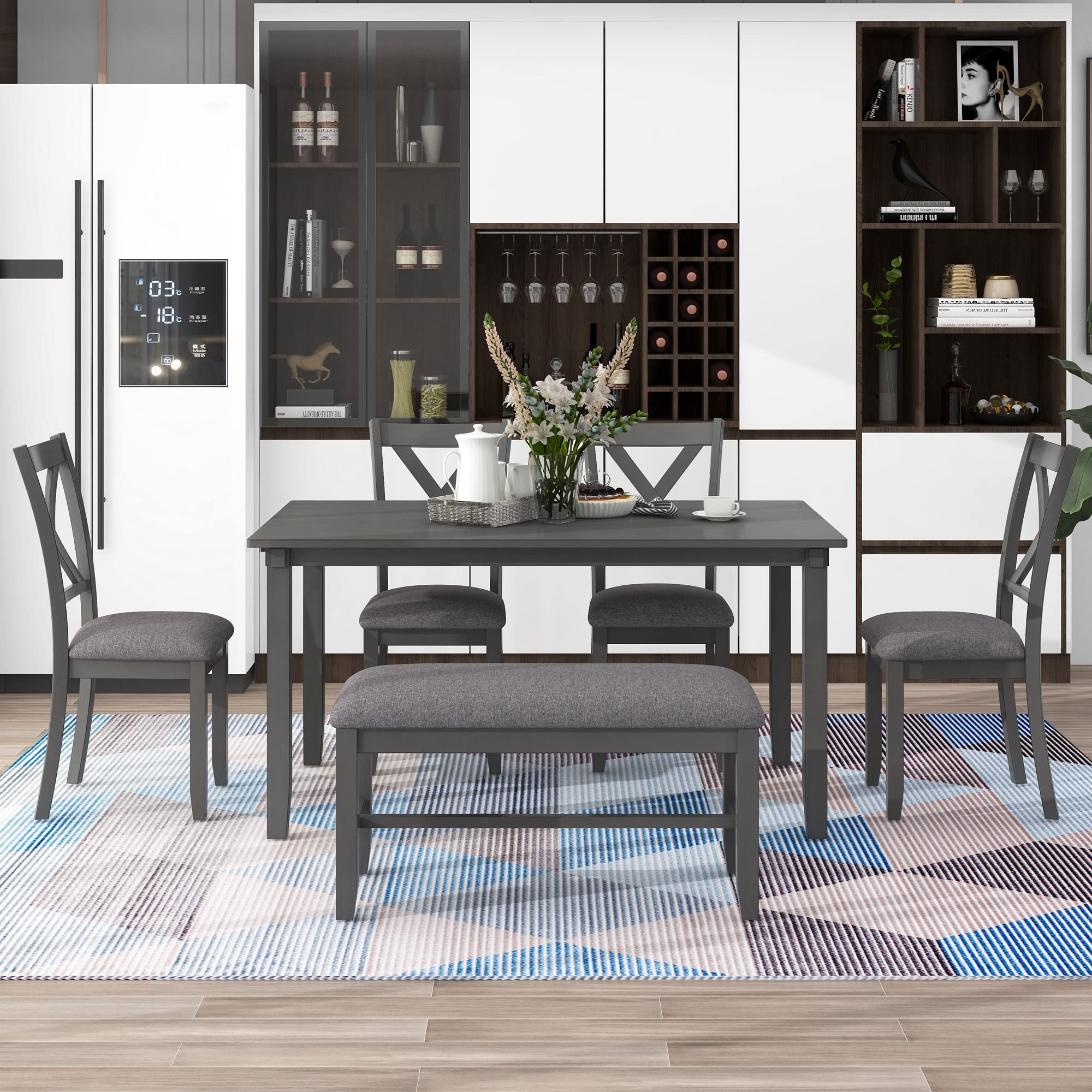 Harper & Bright Designs 6-Piece Dining Table Set with Wood Table, Padded Bench & 4 Upholstered Chairs in Gray - Perfect for Kitchen, Breakfast Nook, Small Space Dining & Apartment Decor
