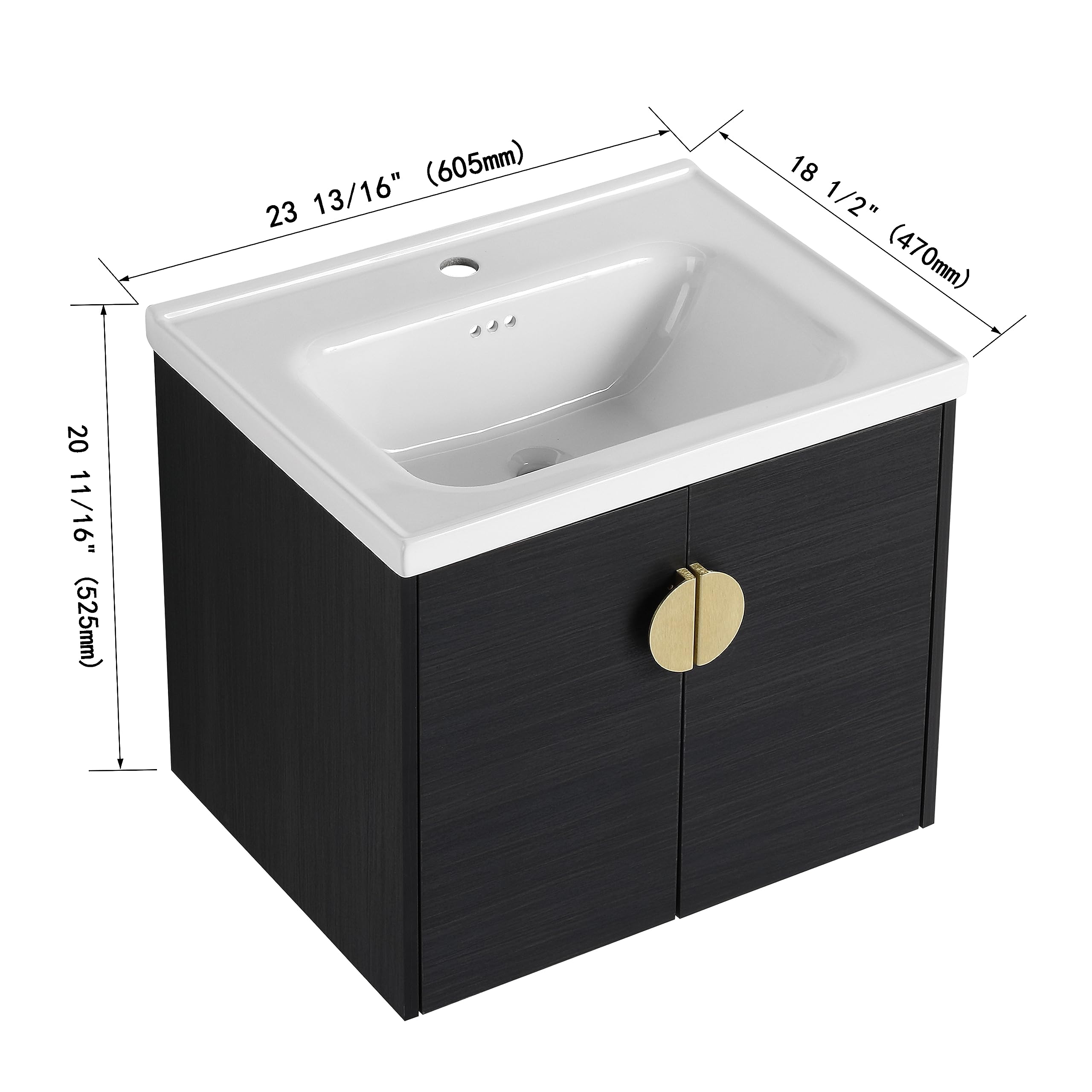 24-Inch Modern Wall Mounted Bathroom Vanity Set with Ceramic Sink & Storage Cabinet - Space Saving Hanging Bathroom Vanity Combo with Resin Basin & Wood Cabinet (Black) - Perfect for Small Bathrooms, Powder Rooms & Apartments