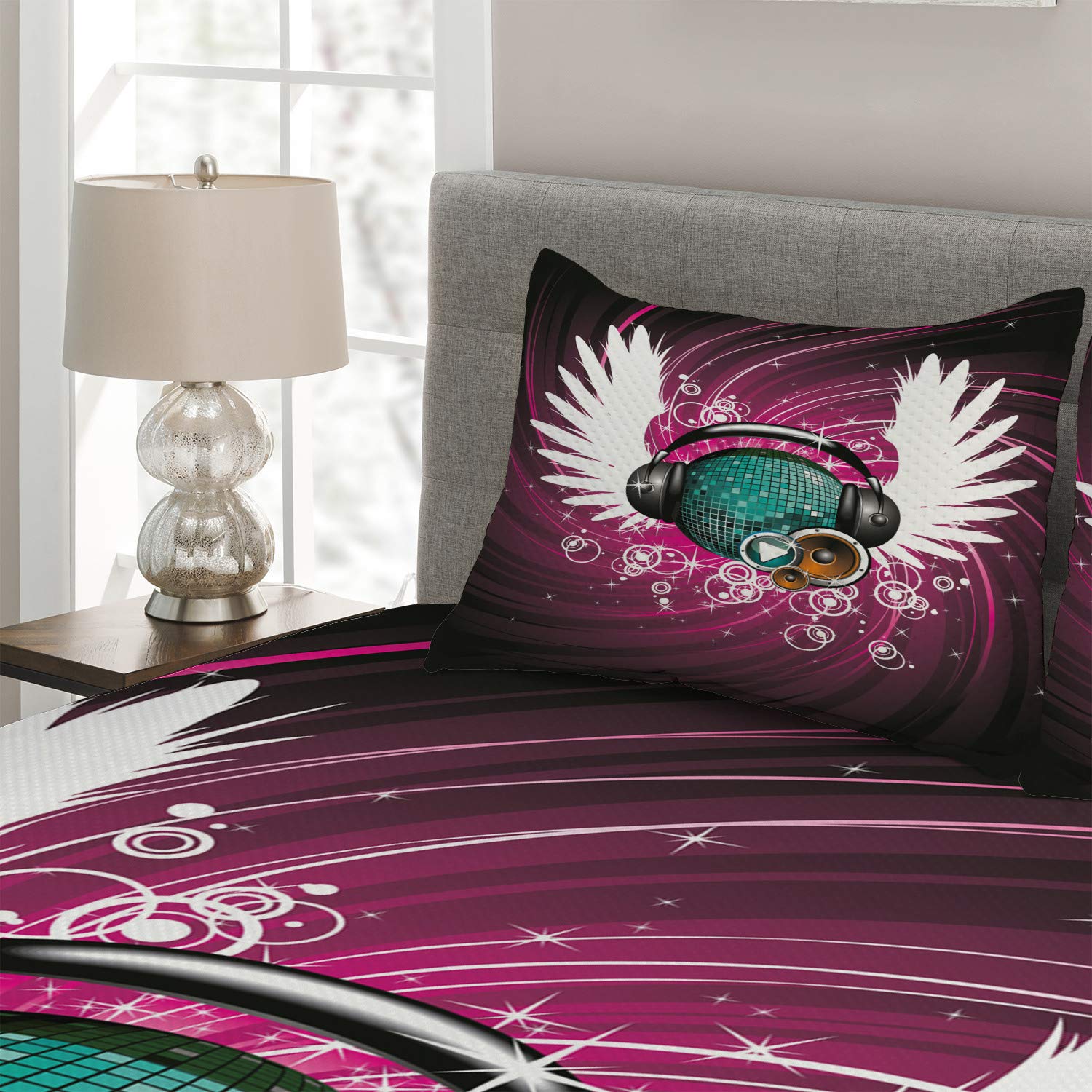 Ambesonne Popstar Party Quilt Set - Disco Ball with Headphones & Angel Wings Design, Vibrant Swirl Circles Pattern, 3-Piece Queen Size Bedspread with 2 Pillow Shams in Magenta Black Teal - Perfect for Teen Bedrooms, Music Lover Gifts & Themed Party Decor