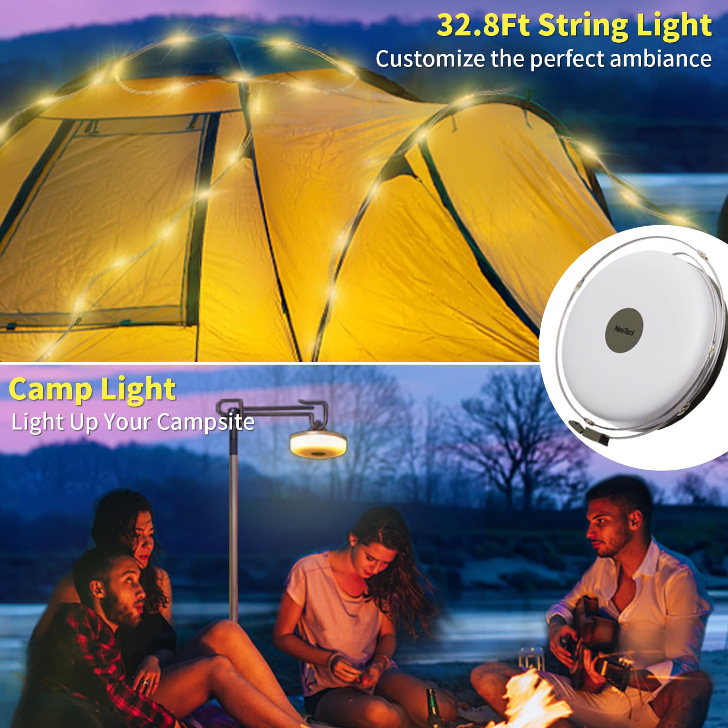 HAMLITE 32.8Ft Rechargeable USB Camping String Lights - Waterproof Outdoor 2-in-1 Portable LED Fairy Lights with 5 Lighting Modes for Camping, Backyard, Hiking, Christmas Decorations & Party Lighting