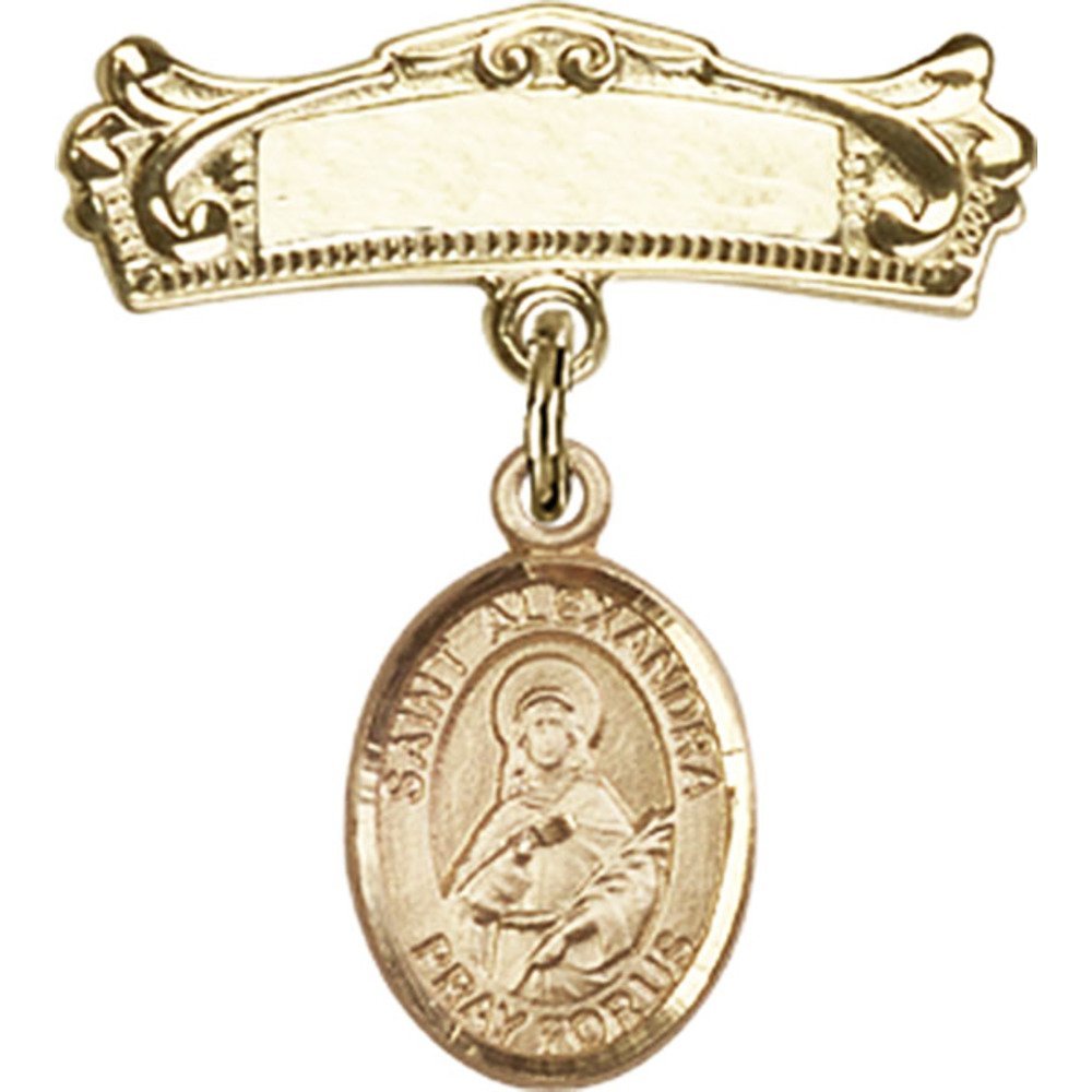 Gold Filled Baby Badge with St. Alexandra Charm - 7/8 X 3/4 Inch Arched Polished Pin for Christening, Baptism & Special Occasions