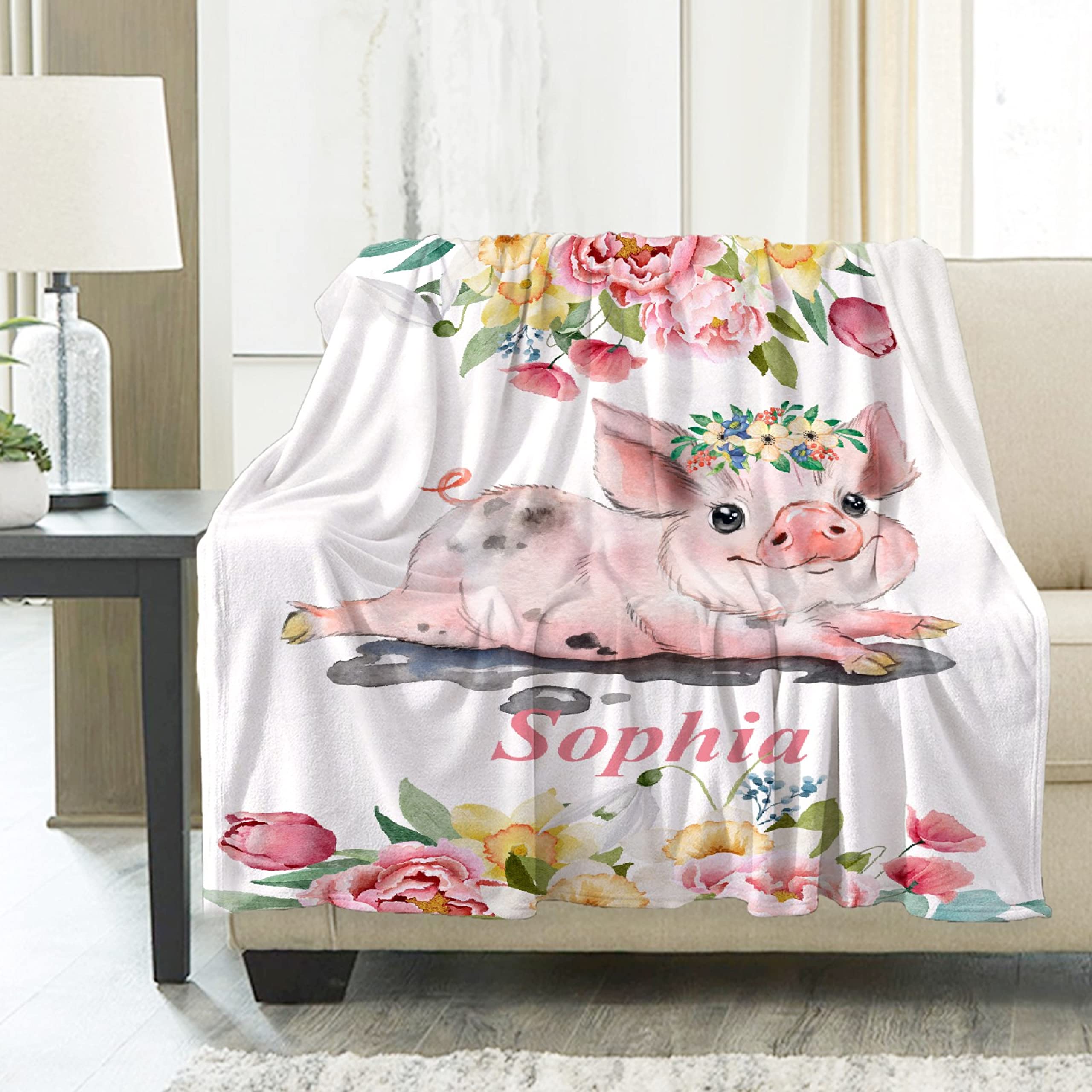 Personalized Baby Blanket with Name - Ultra Soft Flannel Fleece Blanket for Boys & Girls - Custom Pig & Flower Design - Lightweight & Warm 90