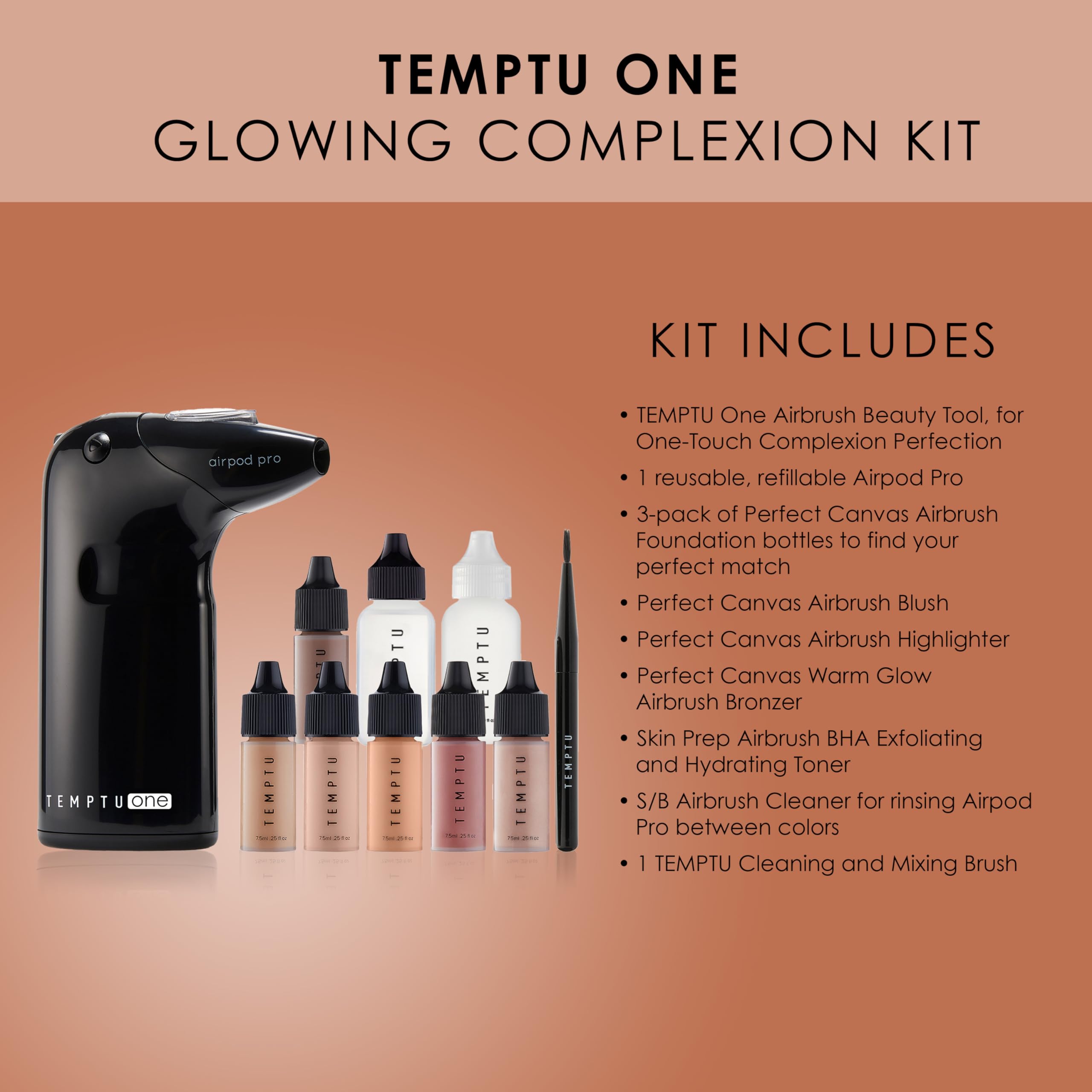 TEMPTU One Airbrush Makeup Kit with Cordless Compressor - 11 Piece Set with 6 Shades, Portable Airbrush Machine, Foundation, Blush, Bronzer & Concealer for Flawless Complexion | Professional Makeup Application for Weddings, Photos & Everyday Use