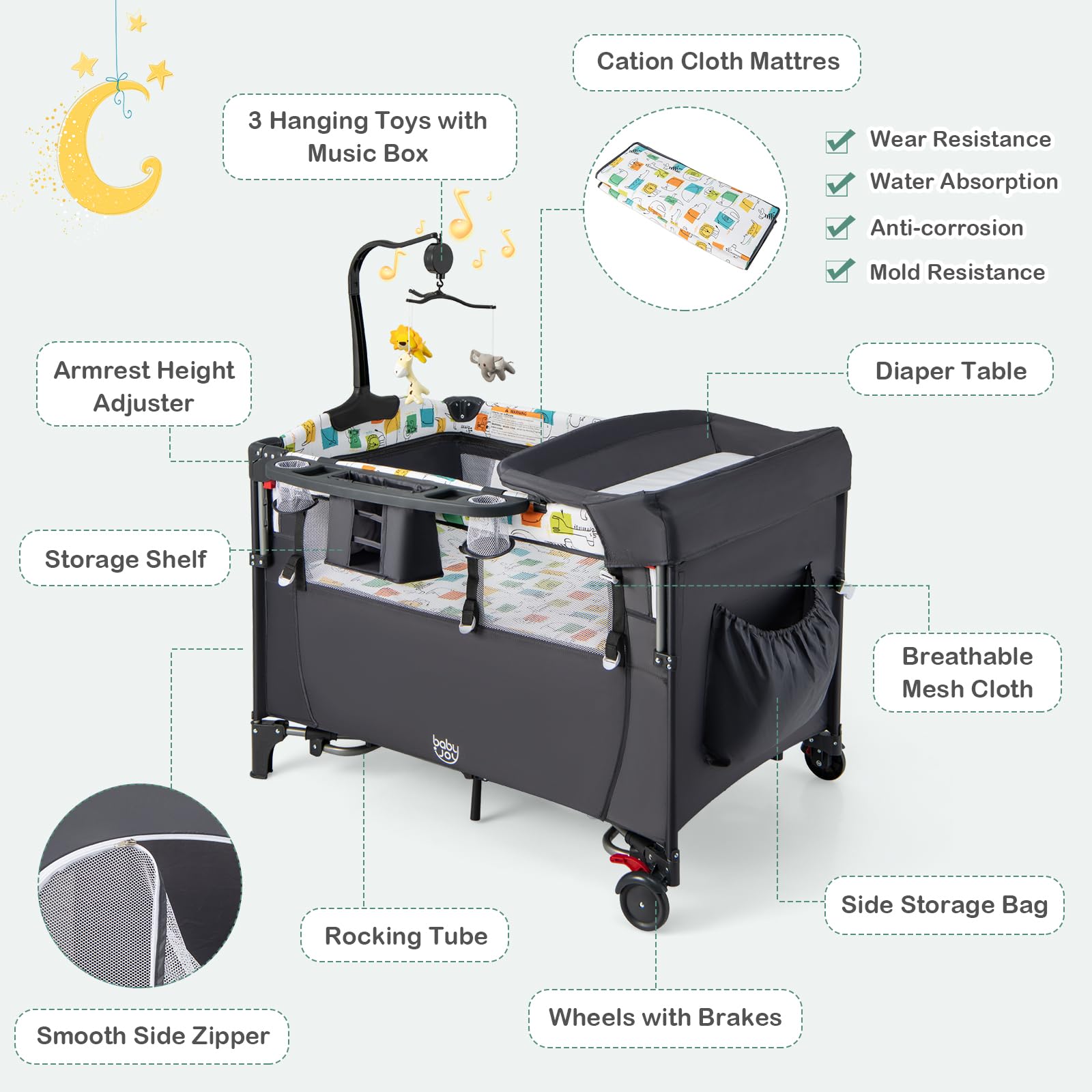 BABY JOY 5-in-1 Pack and Play with Bassinet | Portable Baby Bedside Sleeper & Playard for Newborn to Toddler | U-Shaped Diaper Changer, Safety Strap, Music Box & Hanging Toys | Perfect for Nursery, Travel & On-the-Go Parenting