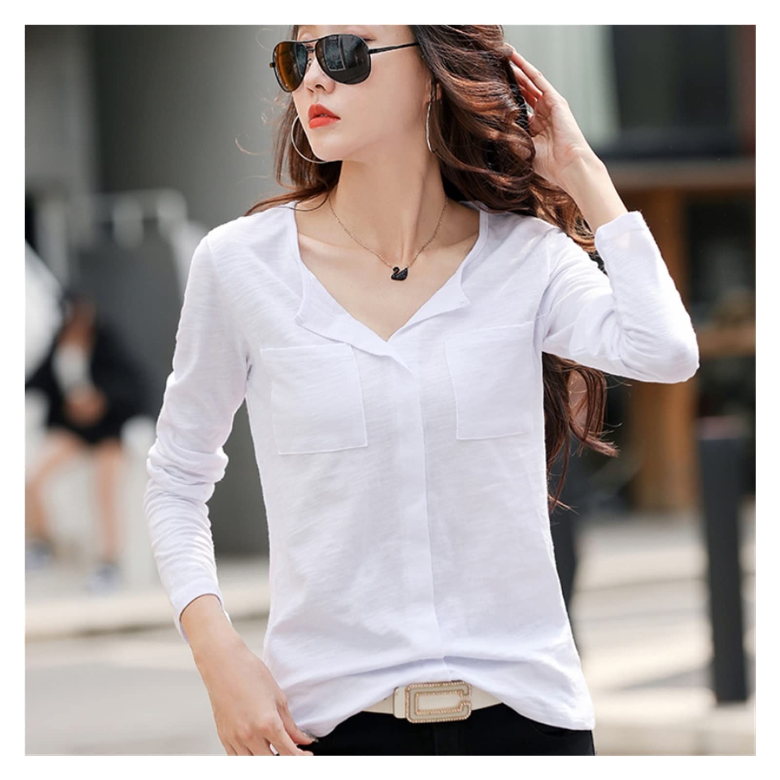 Women's Cotton V-Neck Long Sleeve T-Shirt with Pockets - Loose Fit Casual Top for Fall & Winter (White, XXL) | Perfect for Layering, Work, Travel & Everyday Wear
