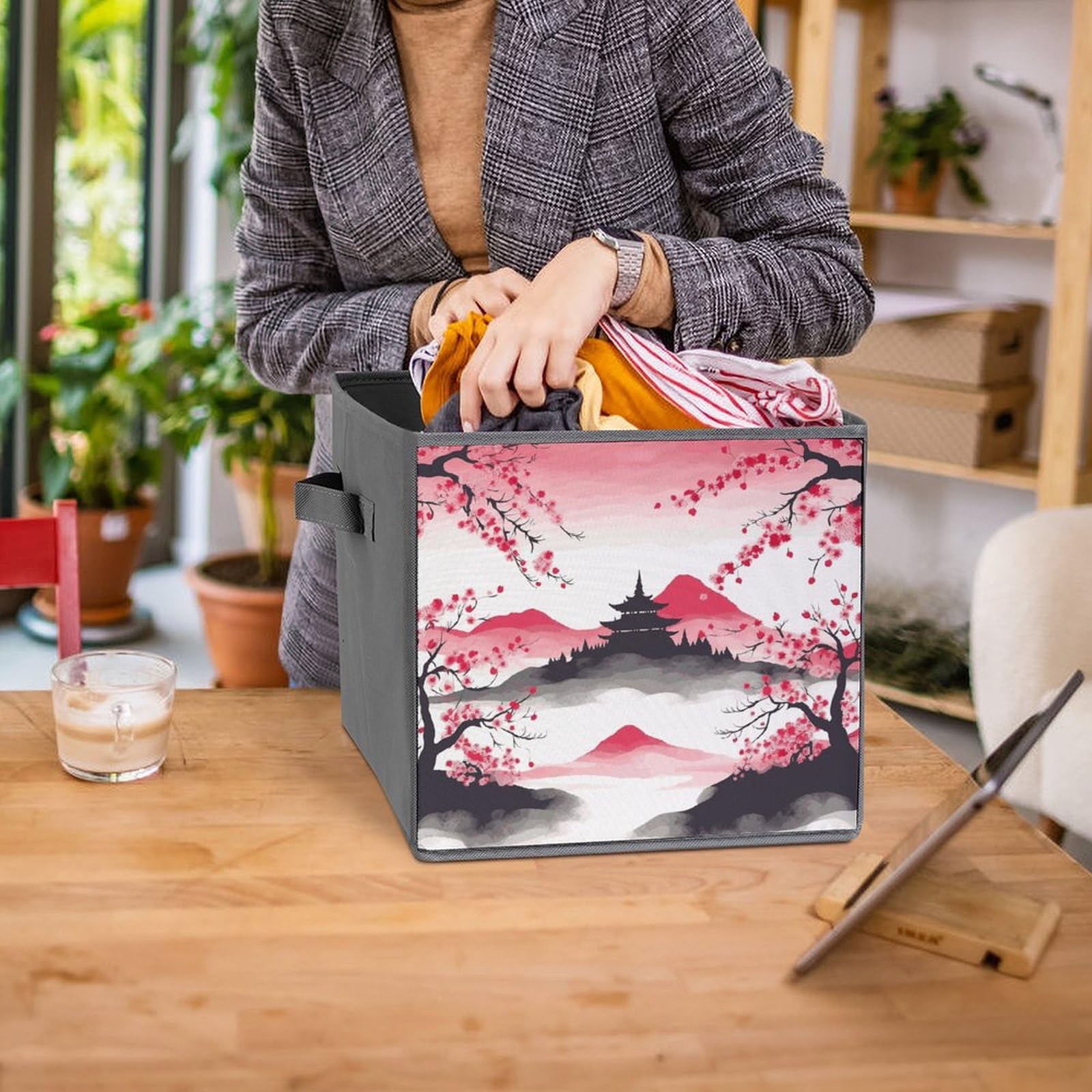 6-Piece Collapsible Storage Bins with Cherry Blossom & Mount Fuji Print - Foldable Storage Containers with Handles for Home Organization, Closet, Pantry, Nursery & Office Shelves | Space-Saving Multi-Purpose Storage Boxes & Baskets