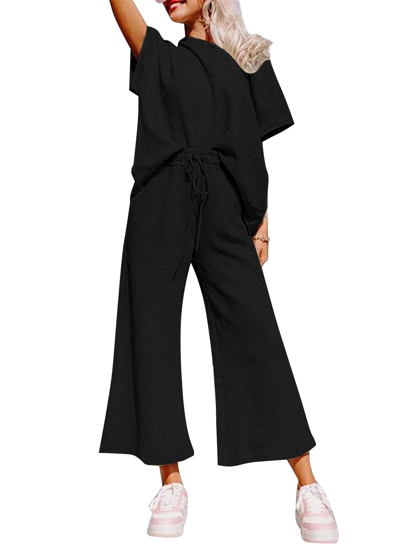 YKR Women's 2-Piece Lounge Set - Soft Knit Short Sleeve Pullover Top & Wide Leg Pants | Summer Comfort Outfit | Perfect for Home Relaxation, Yoga, and Casual Outings 2024