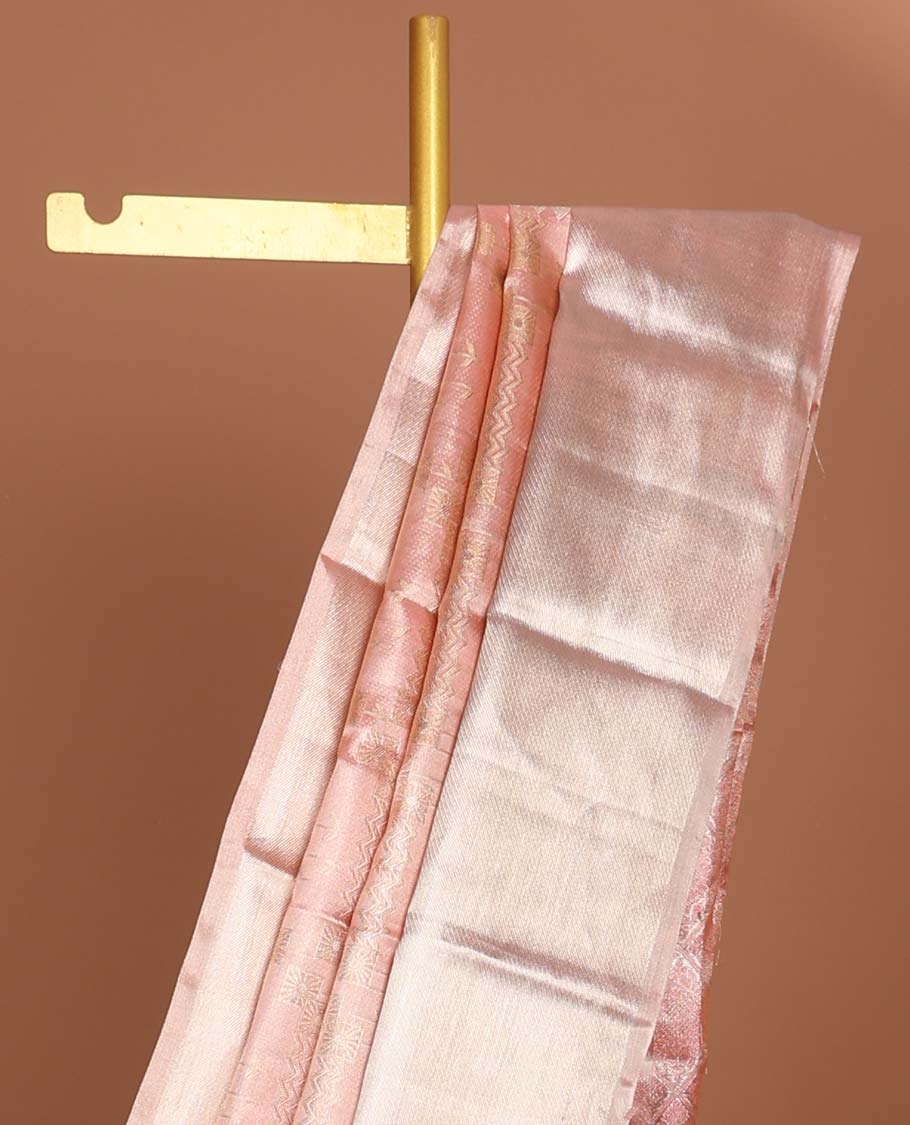 Elegant Baby Pink Geometric Design Kancheepuram Tissue Silk Saree with Banaras Self Border & Floral Zari Pallu - Perfect for Weddings, Festivals, and Special Occasions